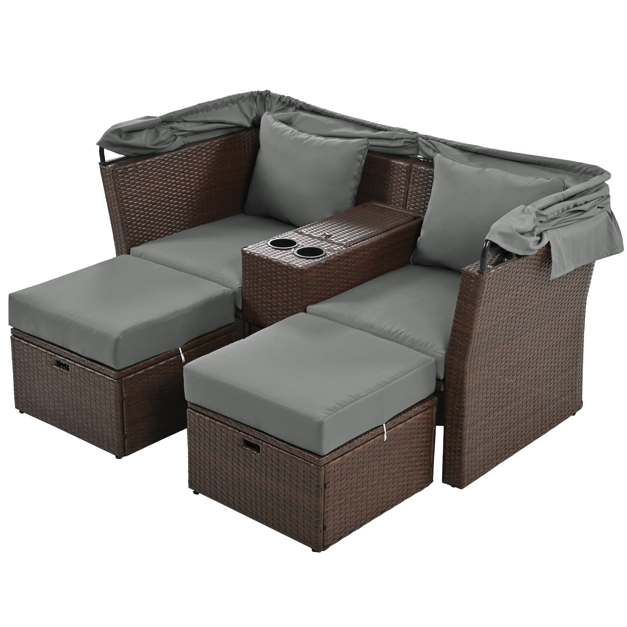 2-Seater Outdoor Patio Daybed Outdoor Double Daybed Outdoor Loveseat Sofa Set with Foldable Awning and Cushions