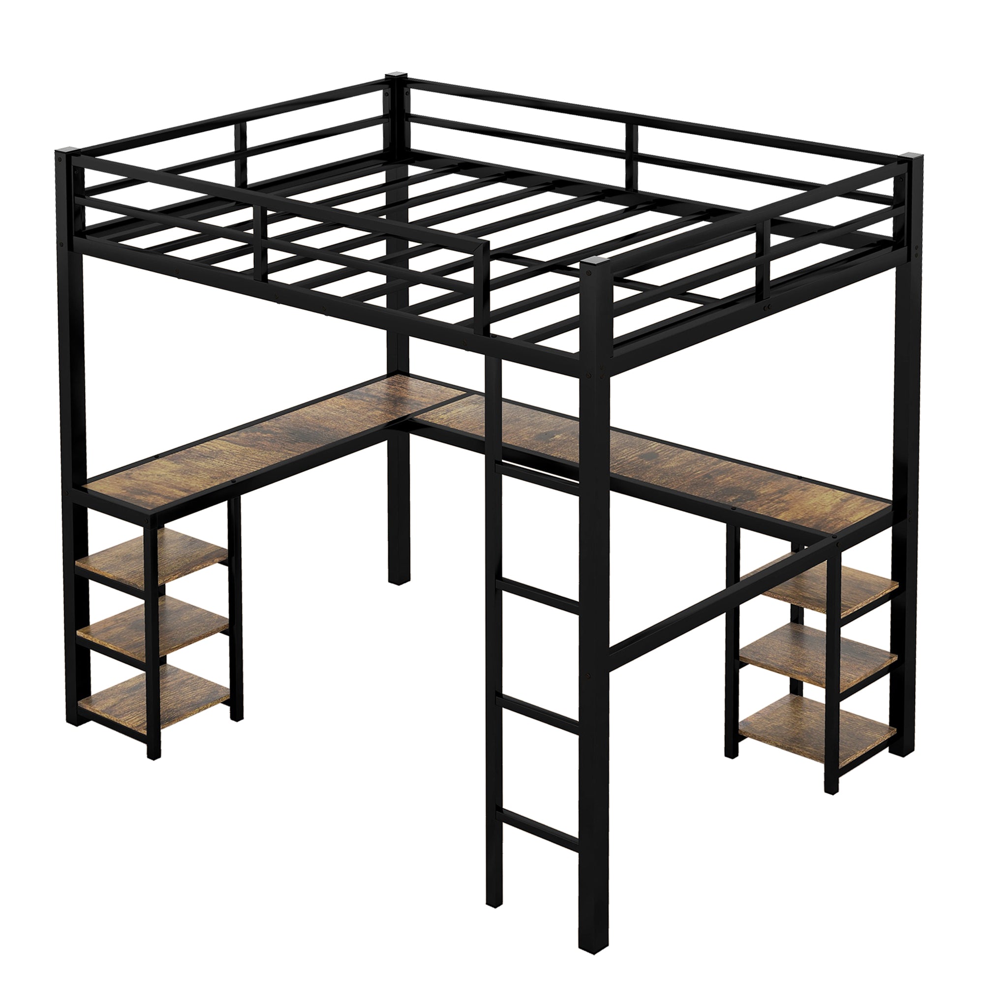 Full metal loft bed with desk and shelf, loft bed with ladder and guardrail, bedroom loft bed frame, black