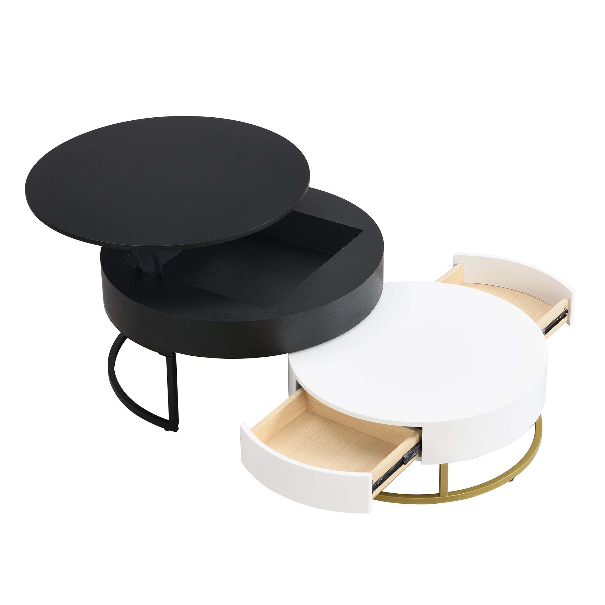 Modern Round Lift-top Nesting Coffee Tables with 2 Drawers White & Black