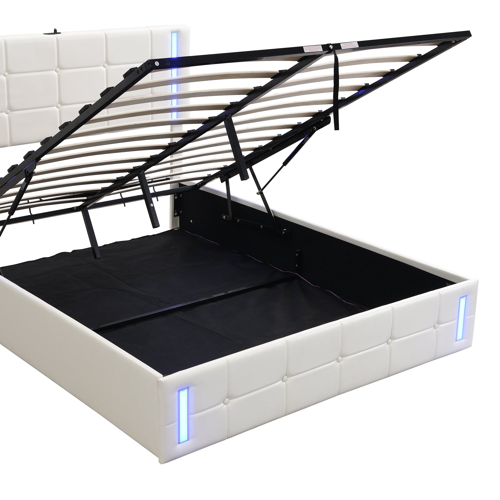 Queen Size Upholstered Bed with LED Lights Hydraulic Storage System and USB Charging Station White