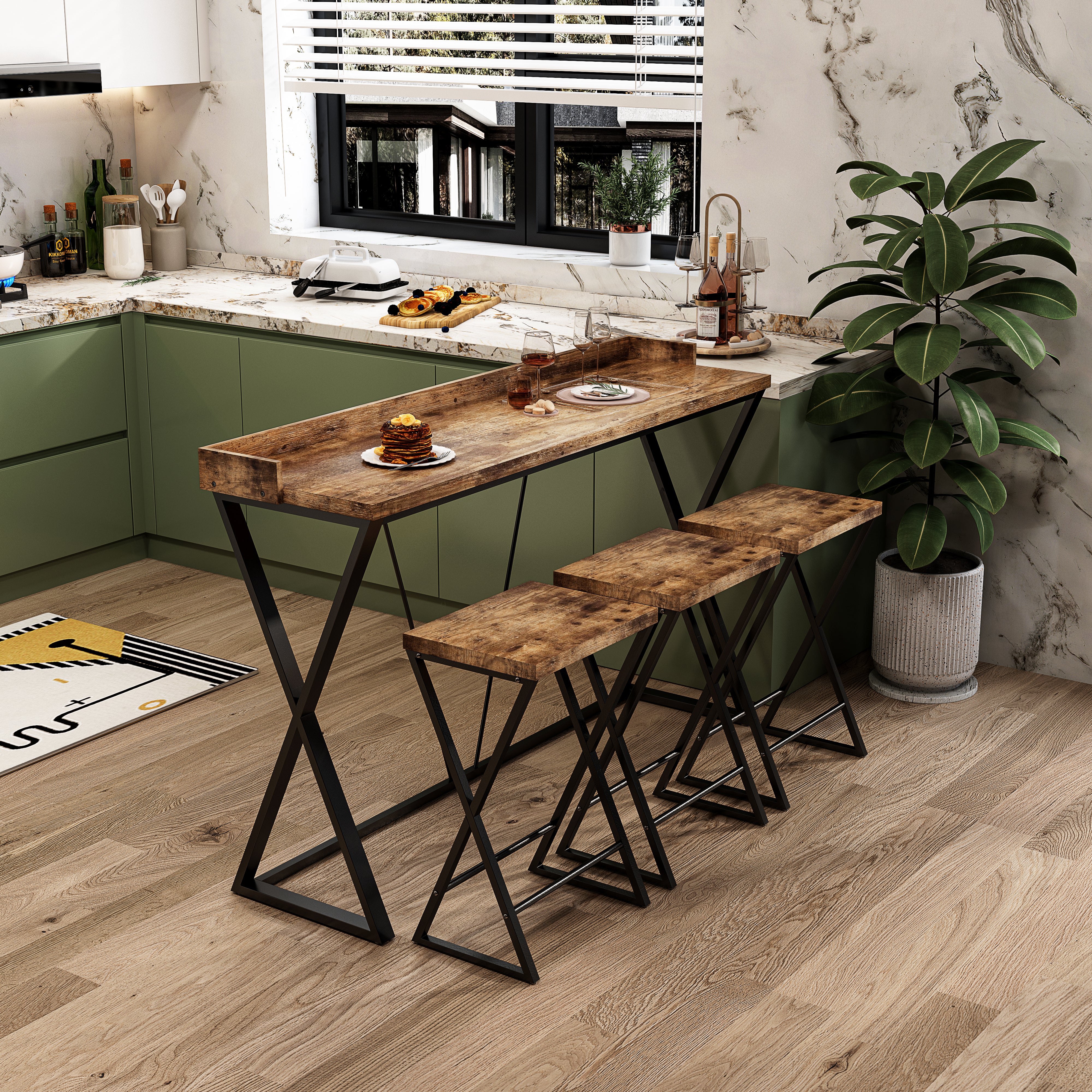 Modern Design Kitchen Dining Table Pub Table with X-Shaped Table Legs Long Dining Table Set with 3 Stools Natural