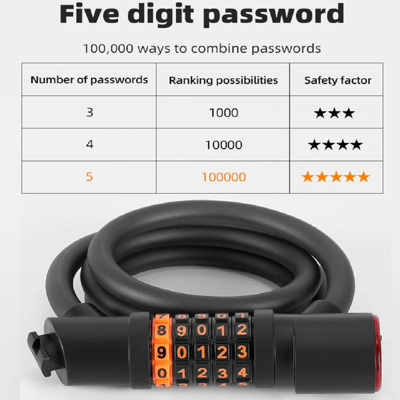 1.2M/1.8M Bike Lock Anti-theft 5 Digit Combination Password Security Lock With LED Light MTB Road Bike Steel Cable Bicycle Lock