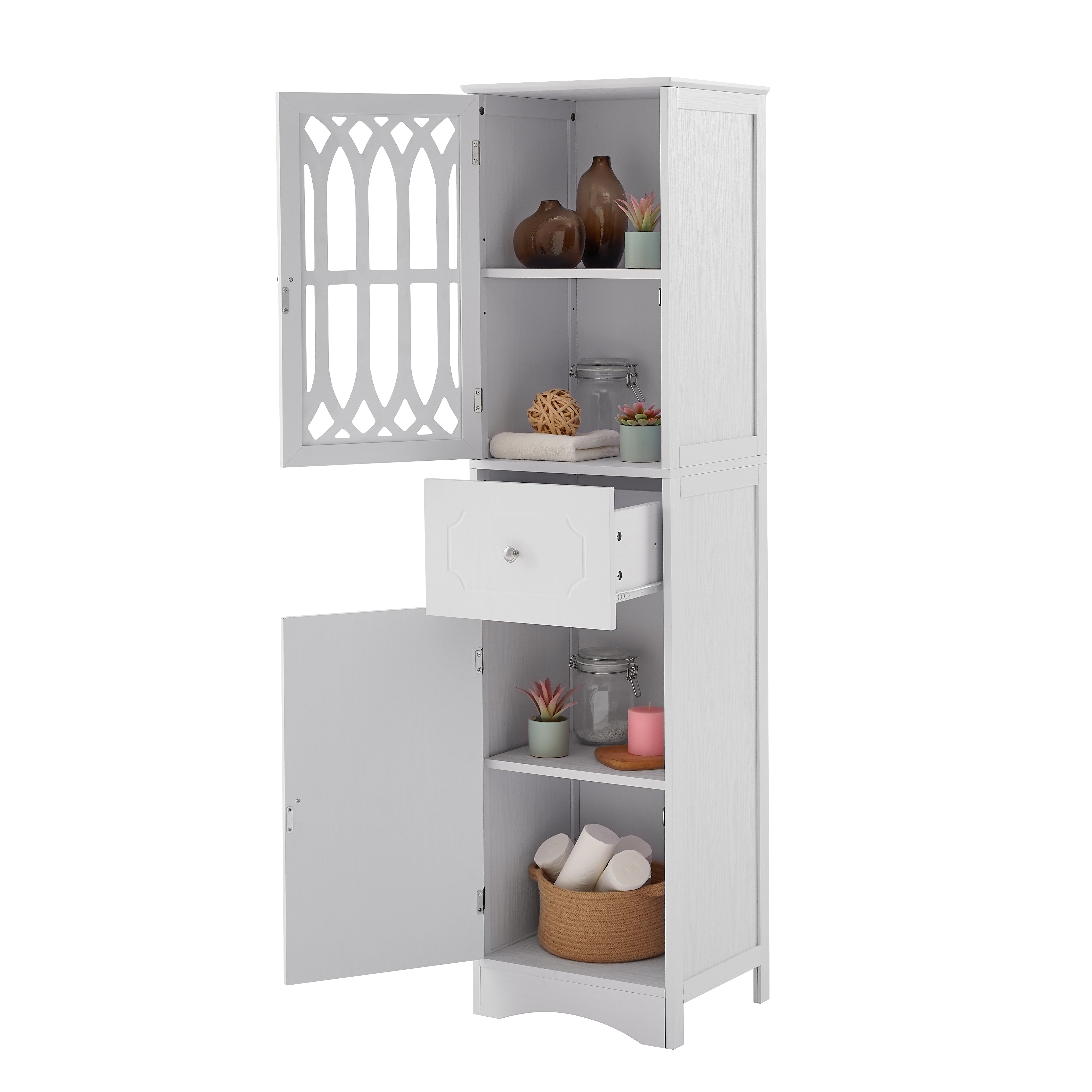 Tall Bathroom Cabinet, Freestanding Storage Cabinet with Drawer and Doors, MDF Board, Acrylic Door, Adjustable Shelf, White