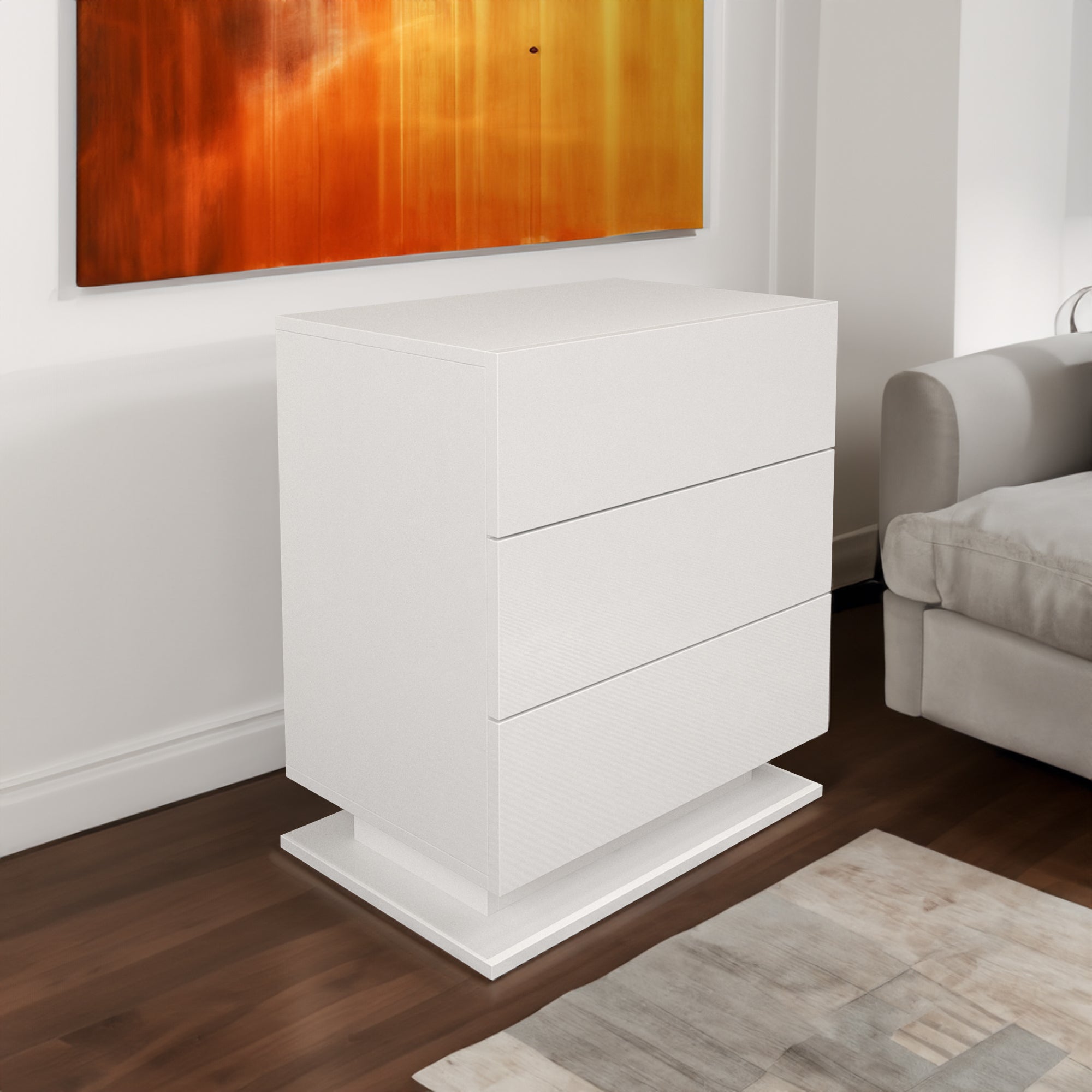 LED Nightstand with 3 drawers,White bedside Table ,Modern End Side Table for Bedroom