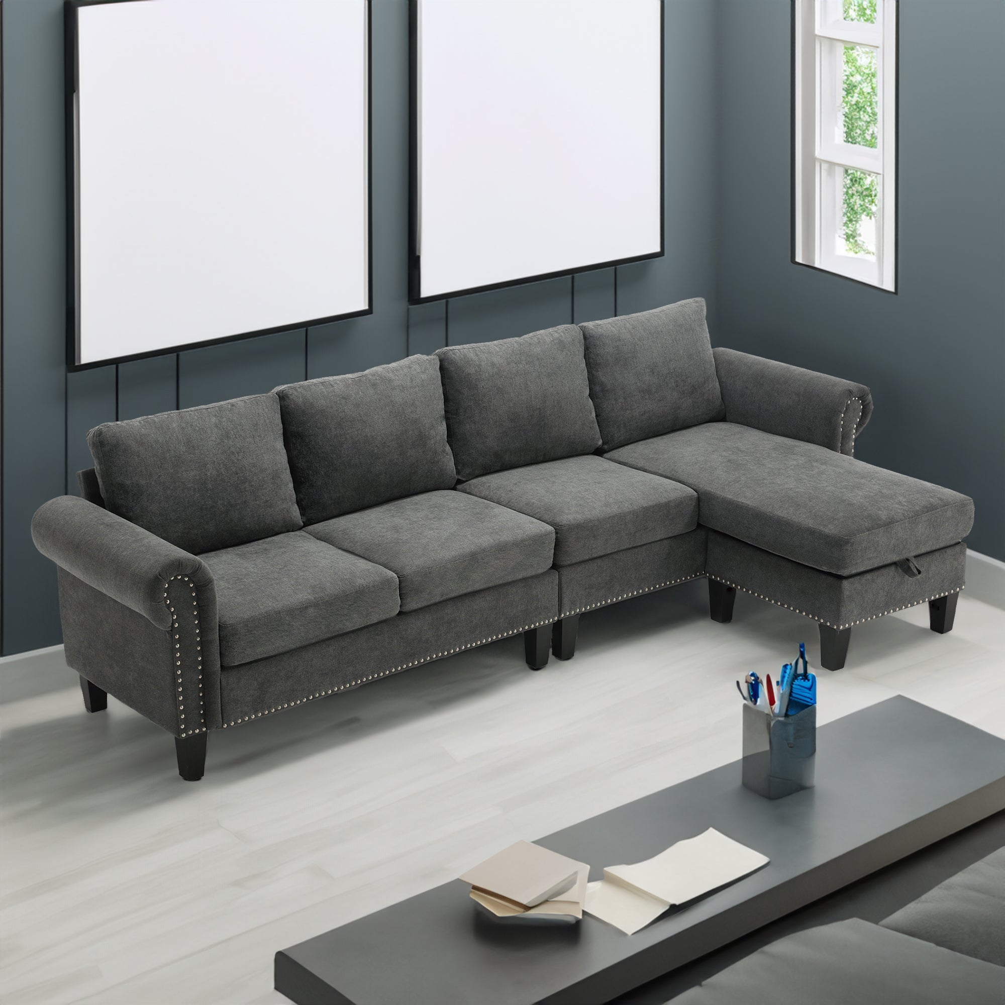 Convertible Sectional Sofa with Storage,L-shaped sofa Modern Linen Fabric Sectional Couches for Living Room,Gray