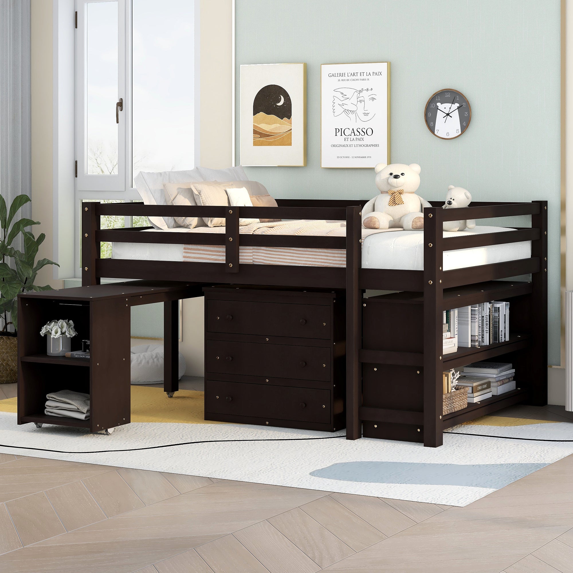 Low Study Full Loft Bed with Cabinet Shelves and Rolling Portable Desk Multiple Functions Bed- Espresso