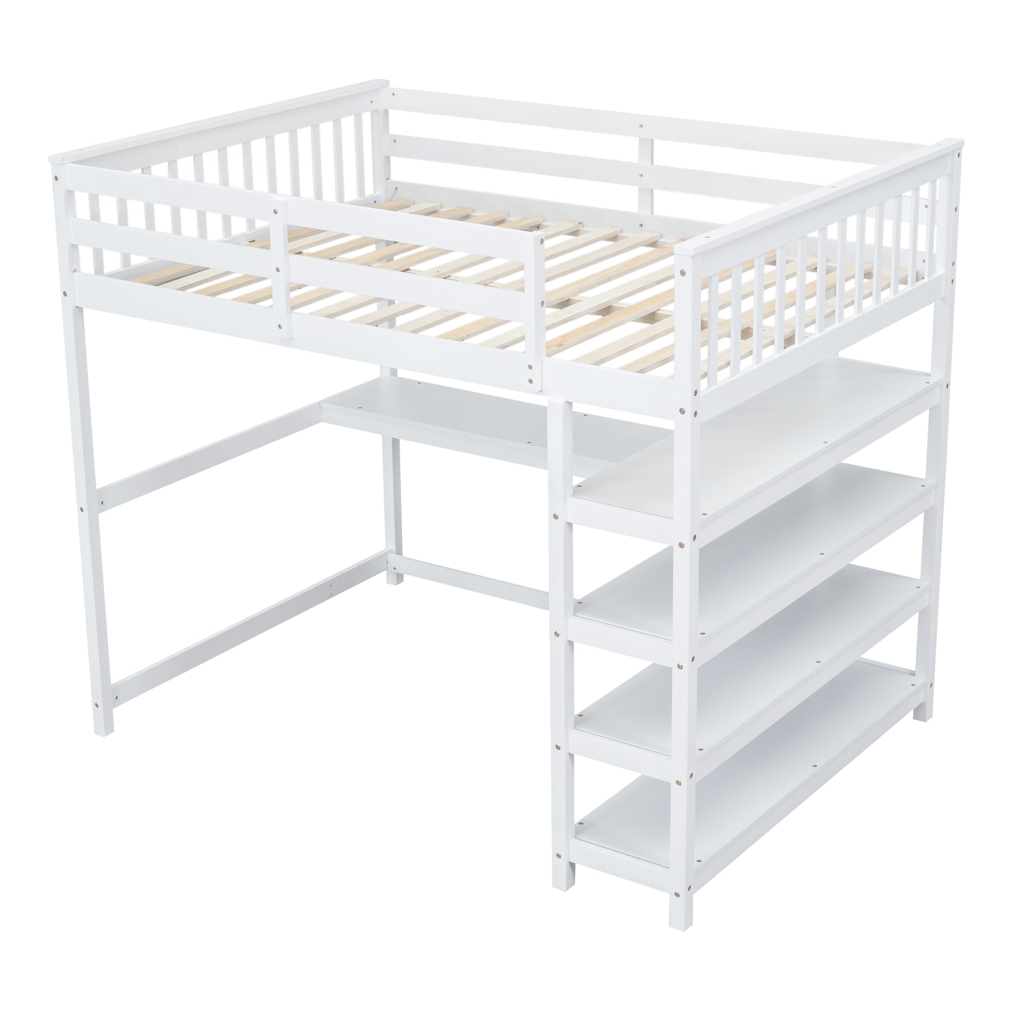 Full Size Loft Bed with Storage Shelves and Under-bed Desk  White