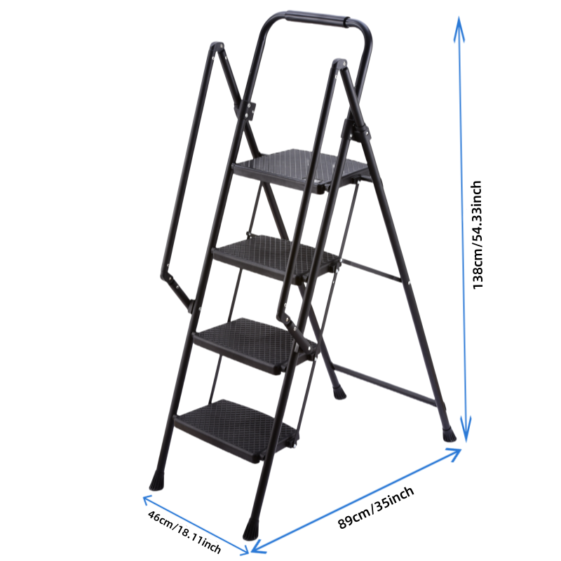 Lightweight folding four step stool, wide anti slip pedal and safety handle, sturdy steel ladder, multifunctional ladder