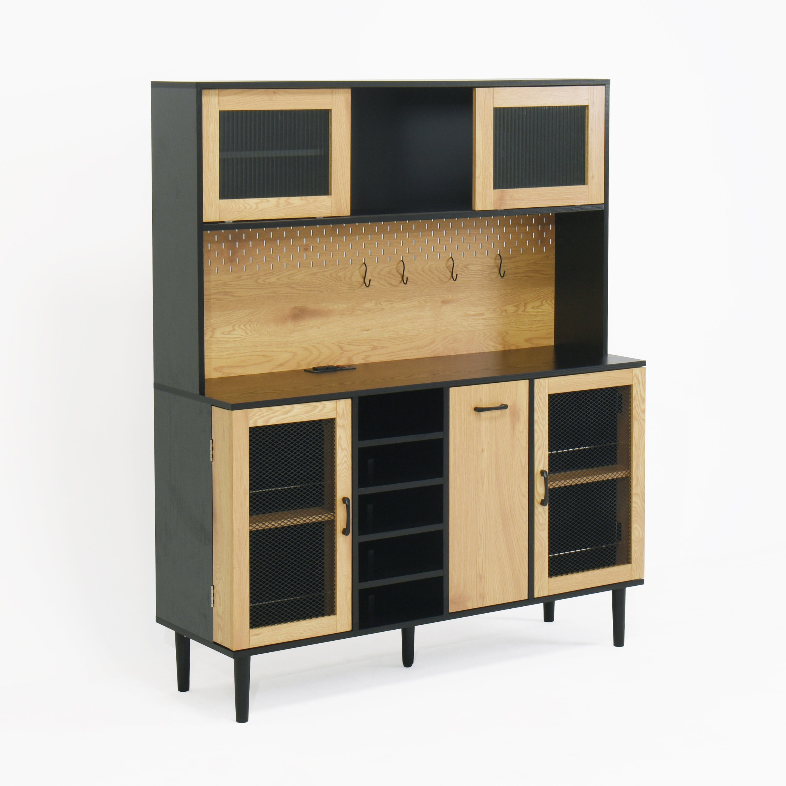 59 "H buffet side cabinet with storage door and power outlet, coffee bar cabinet with wine rack, black and natural colors