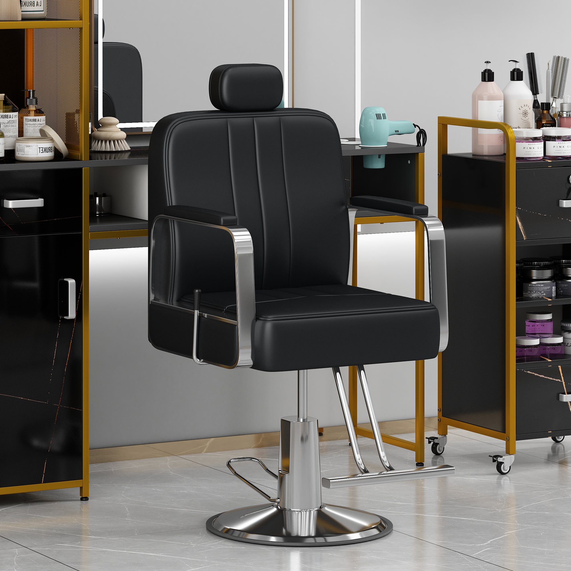 Advanced reclining hair salon chair with heavy-duty hydraulic pump, 360 ° rotation, maximum weight capacity of 400 pounds, bla