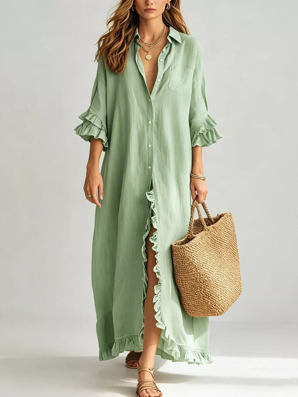 Ruffled trim button-down maxi shirt dress, Light Green