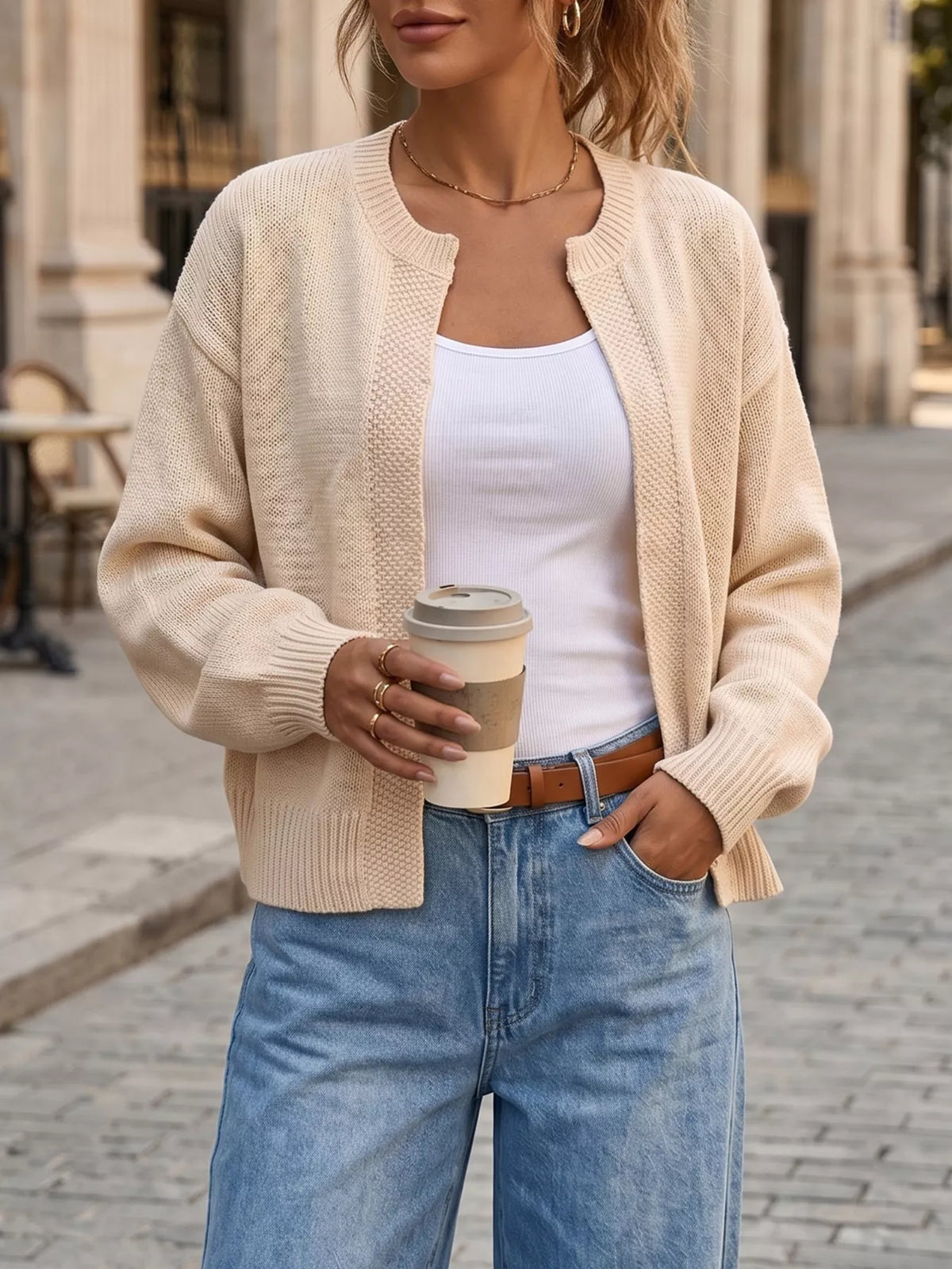 Casual open-front knit cardigan with ribbed trim, Dust Storm