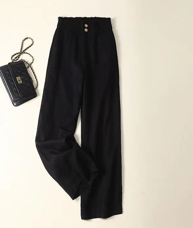 High-waist linen wide-leg trousers – black