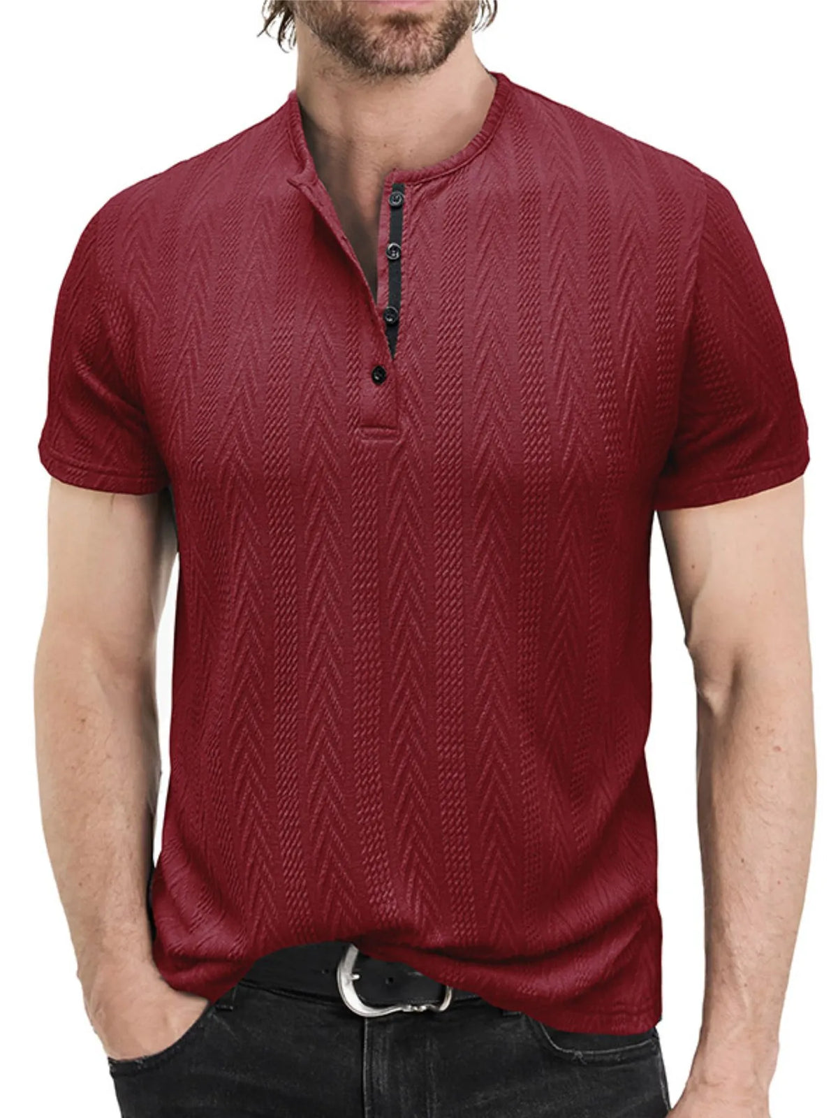 Textured chevron pattern henley polo shirt, Burgundy