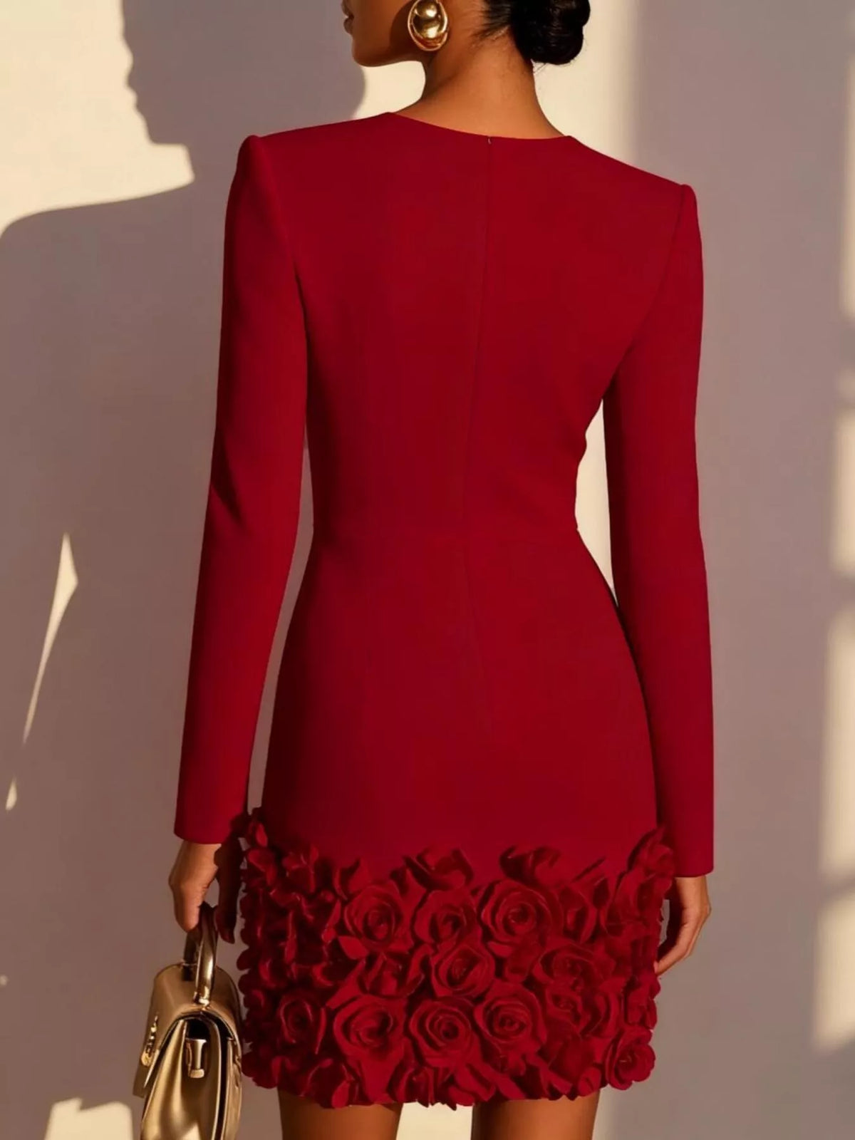 Rose-hem long-sleeve mini dress