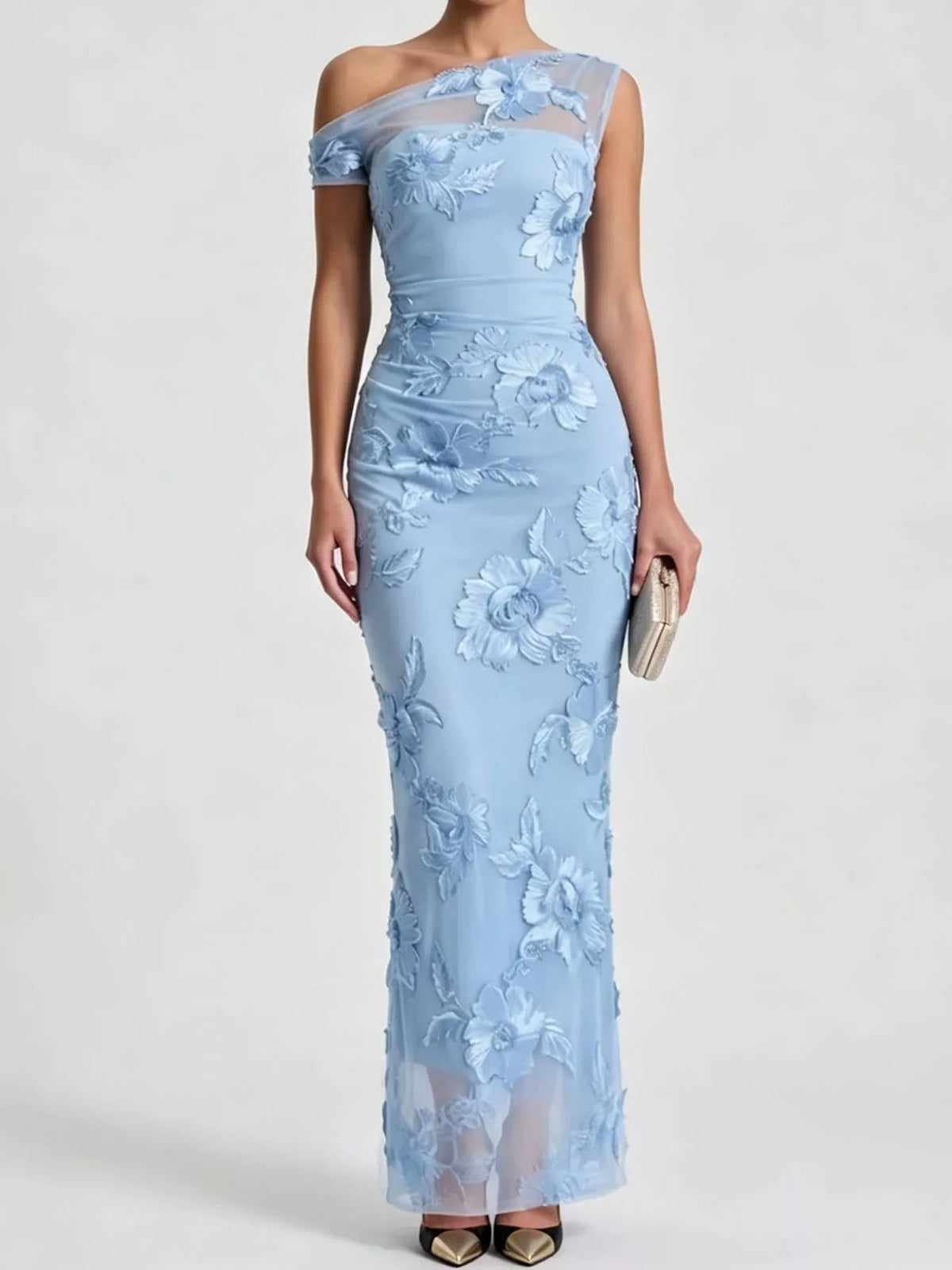 One-shoulder floral embroidered maxi dress, Sky Blue-Double-Sided Embroidery