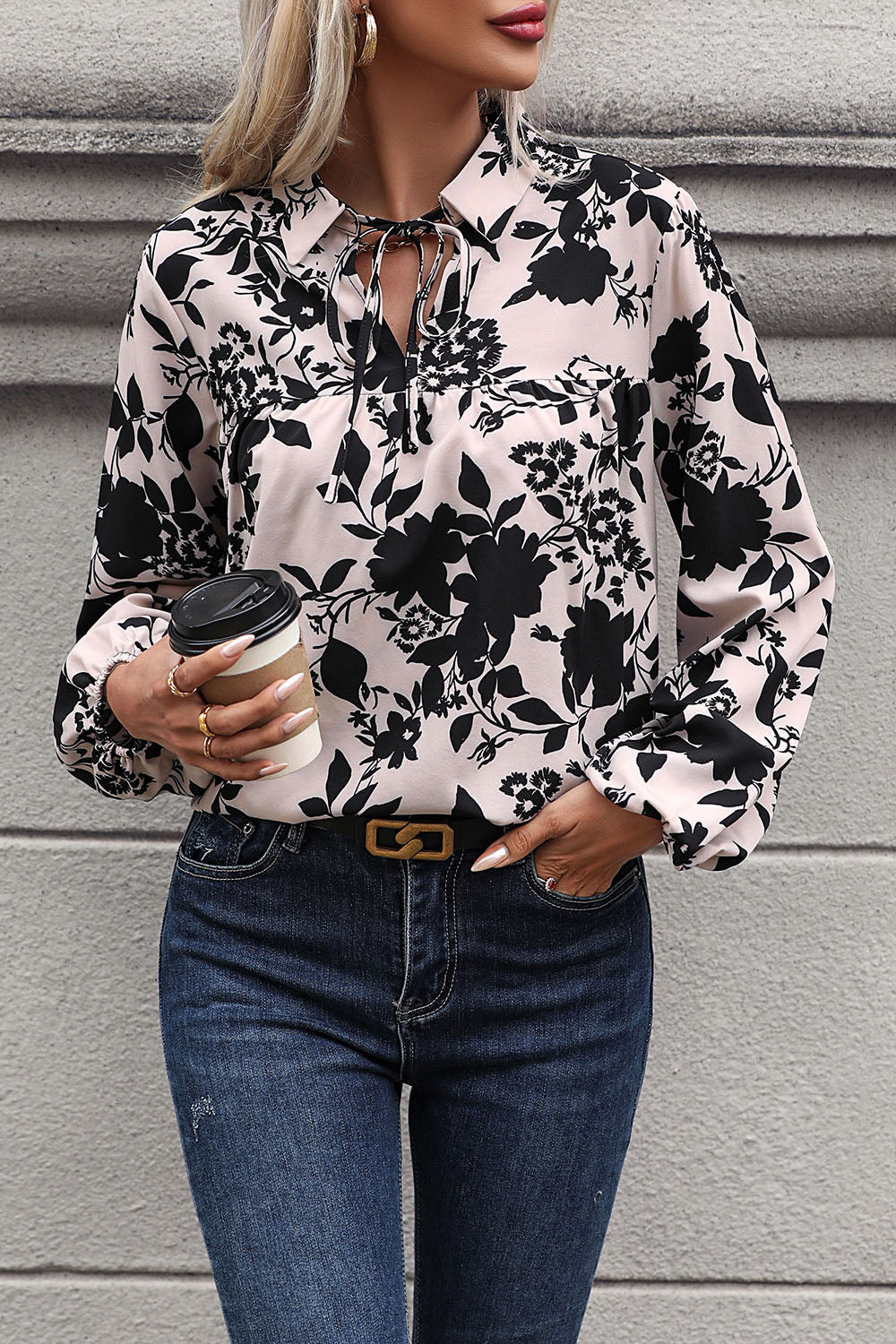 Perfee Printed Tie Neck Balloon Sleeve Blouse