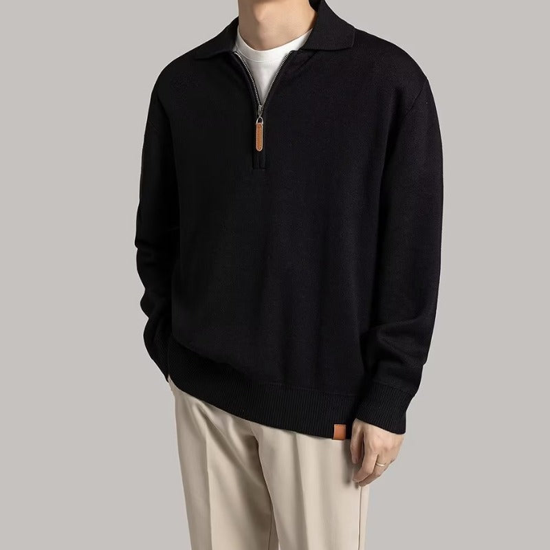 Collared half zip sweater, Black, front