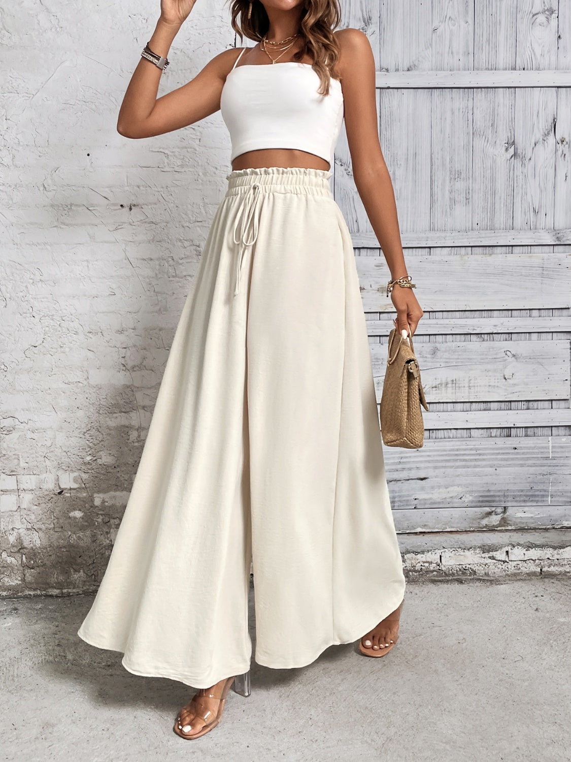 Tied high waist wide leg pants