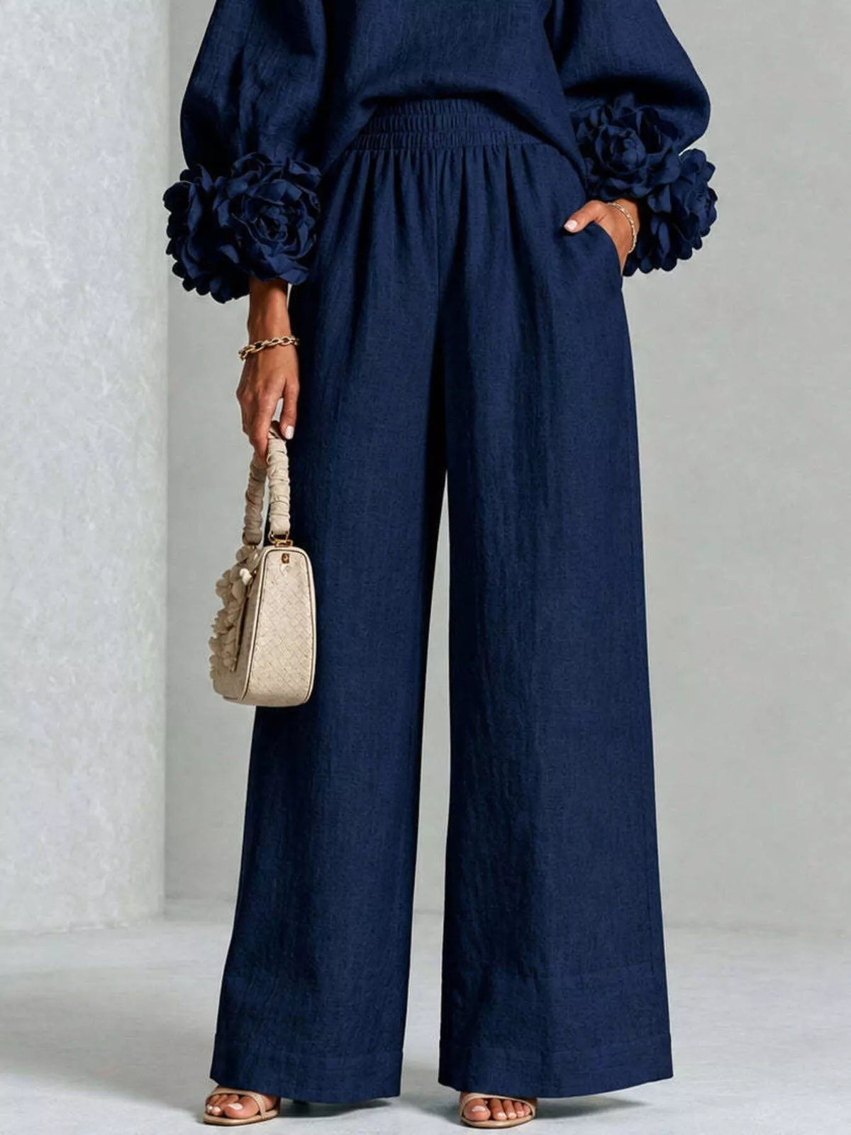 Floral-cuff top and pants set