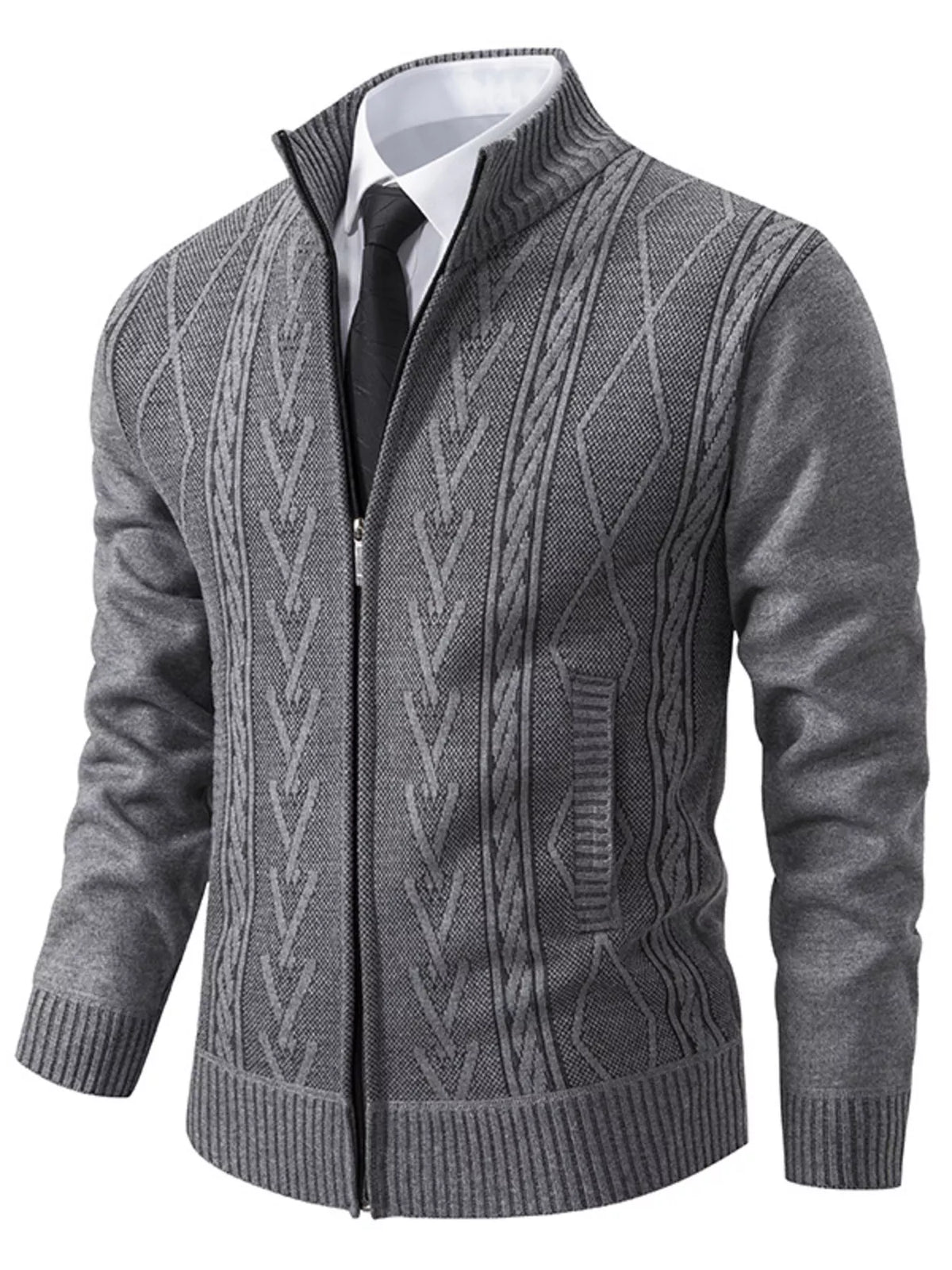 Cable-knit zip cardigan – light gray
