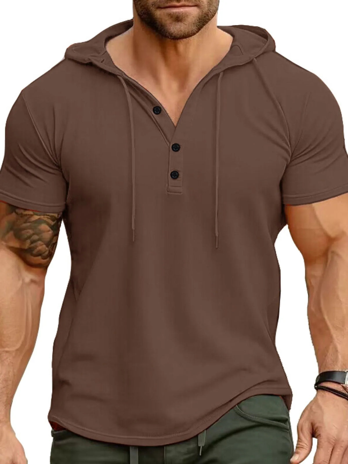Casual hooded henley T-shirt, Coffee Brown