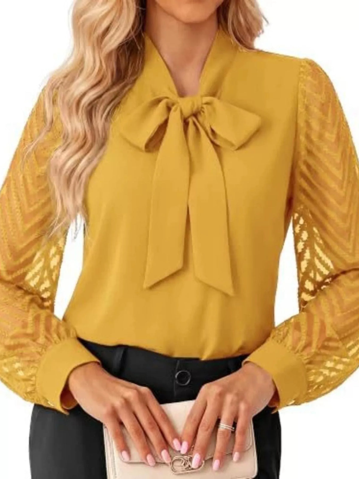 Bow-tie chevron-sleeve blouse – yellow