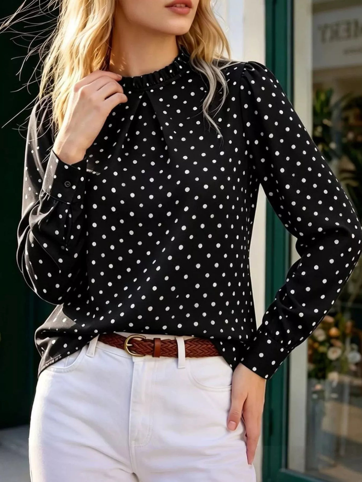 Polka-dot mock-neck blouse – black