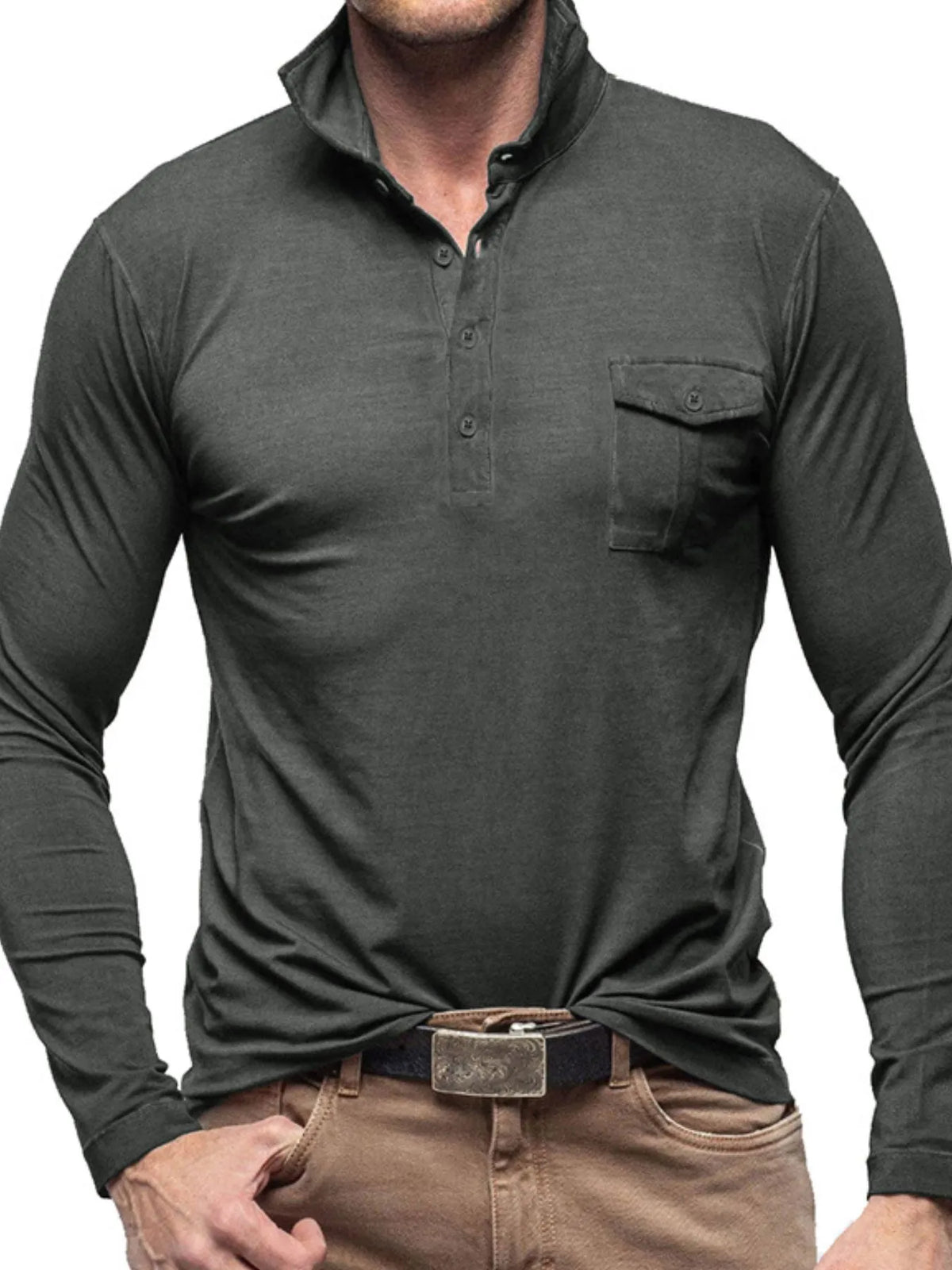 Basic style collared neck long sleeve polo, Dark Gray