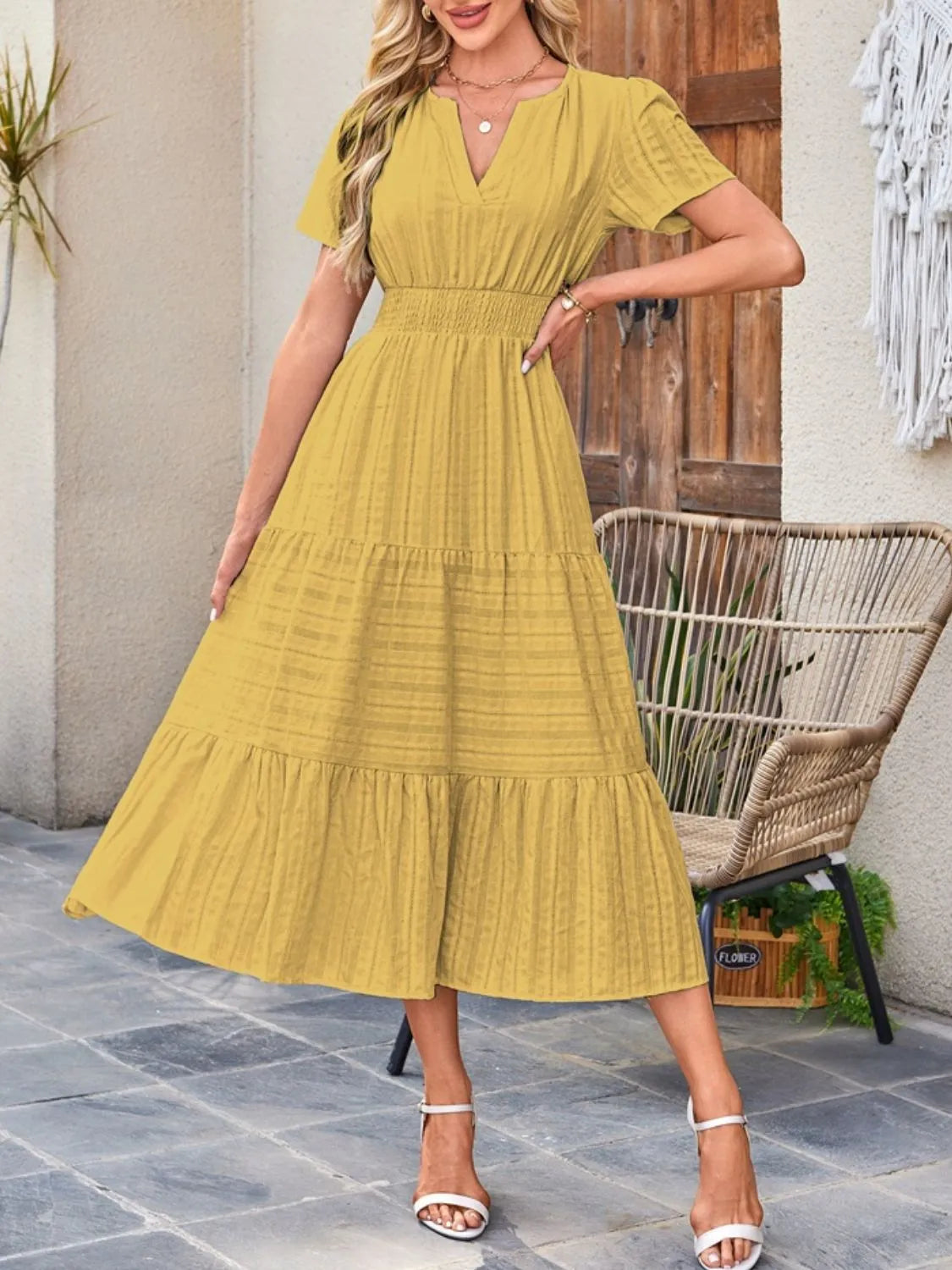Tiered notched short sleeve dress