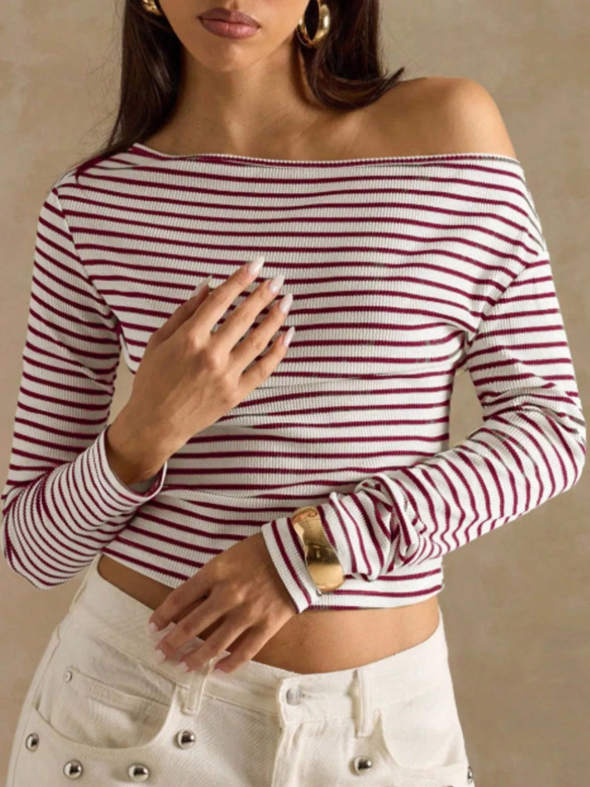 Off-shoulder striped rib top