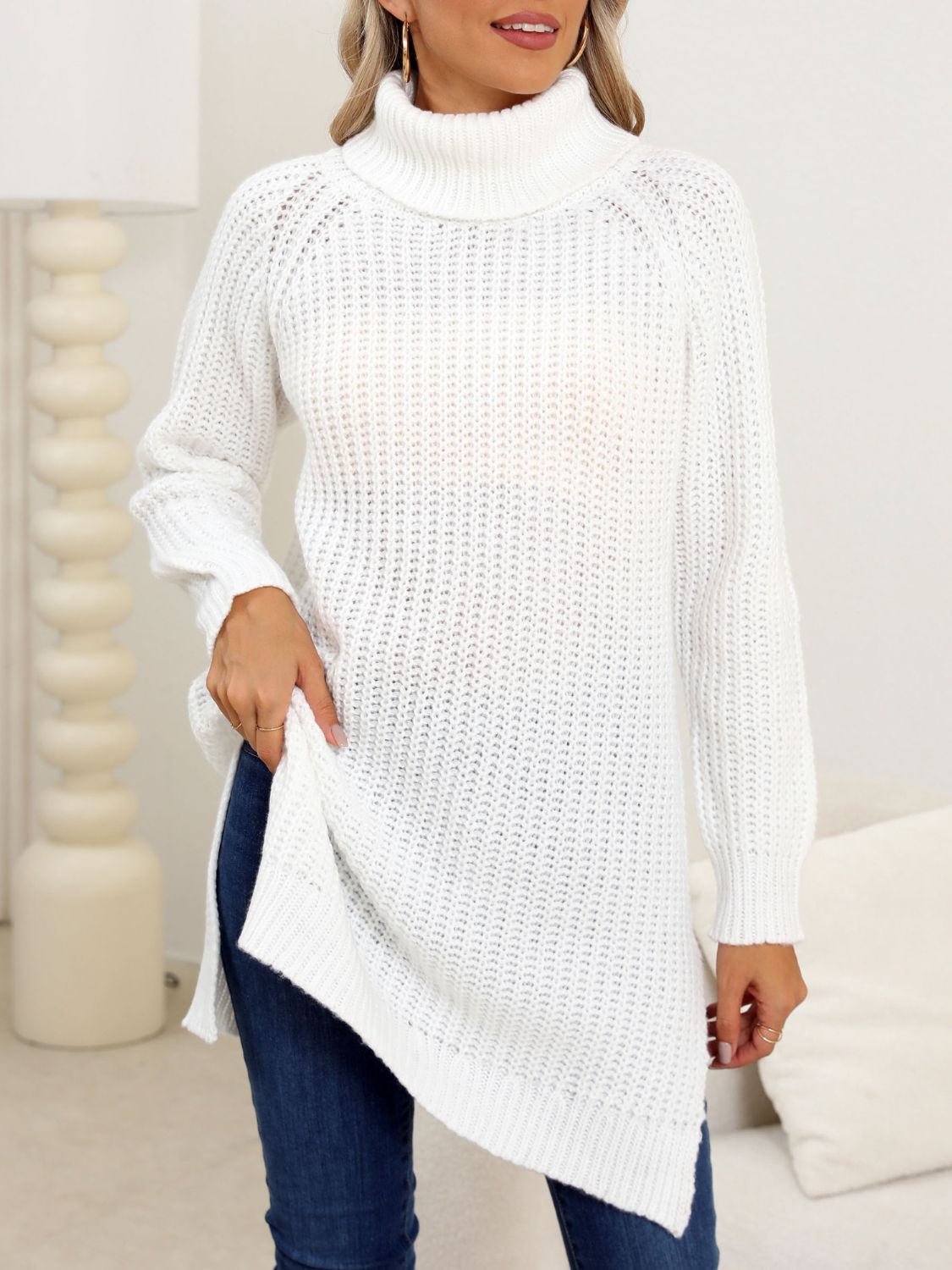 Slit turtleneck long sleeve sweater