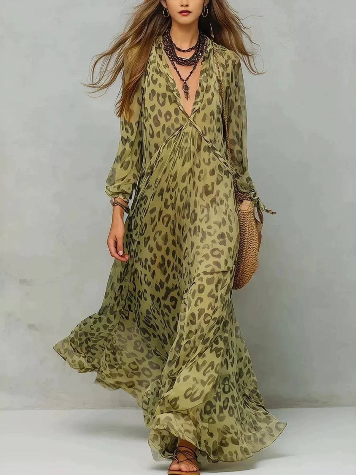 Leopard print V-neck maxi dress, Olive