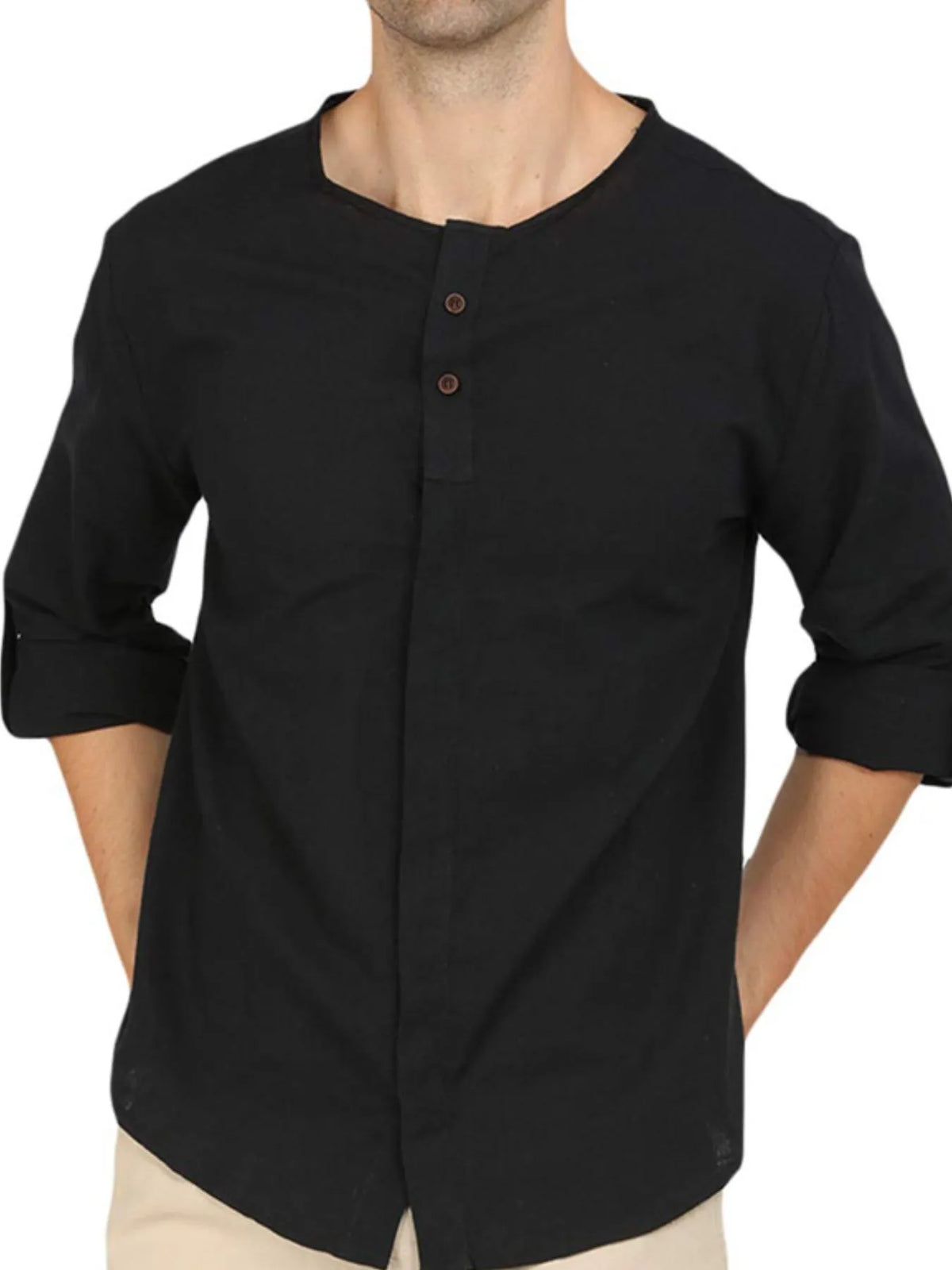 Roll-up sleeve linen blend polo shirt, Black