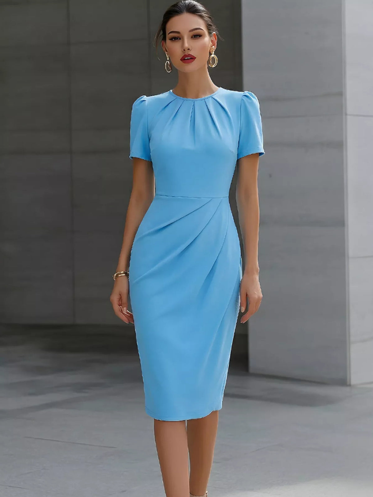 Ruched short-sleeve midi dress – blue