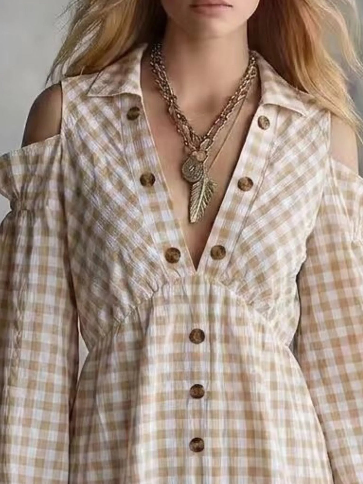 Gingham cold-shoulder dress