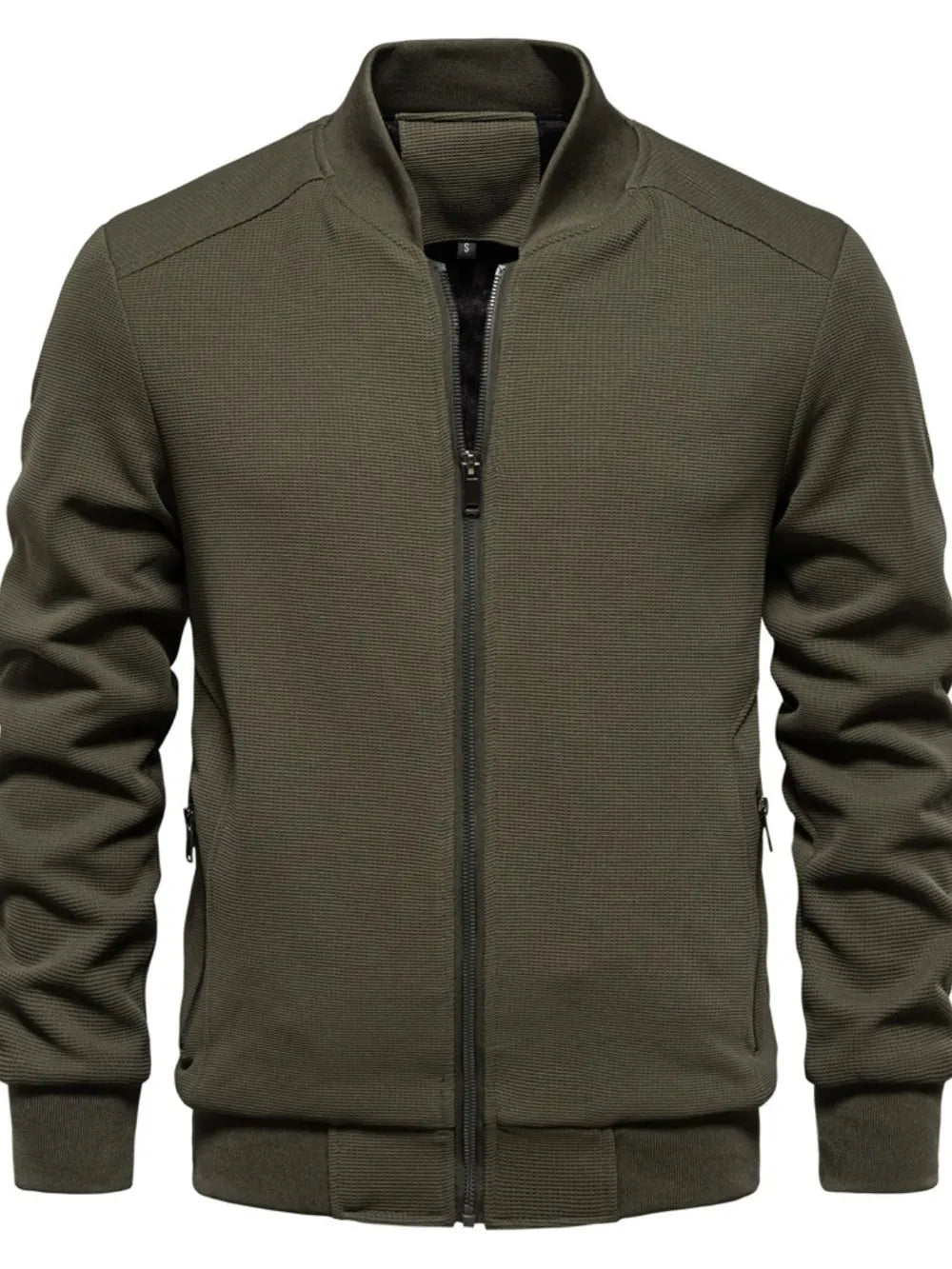 Waffle knit baseball collar zip up jacket, Army Green