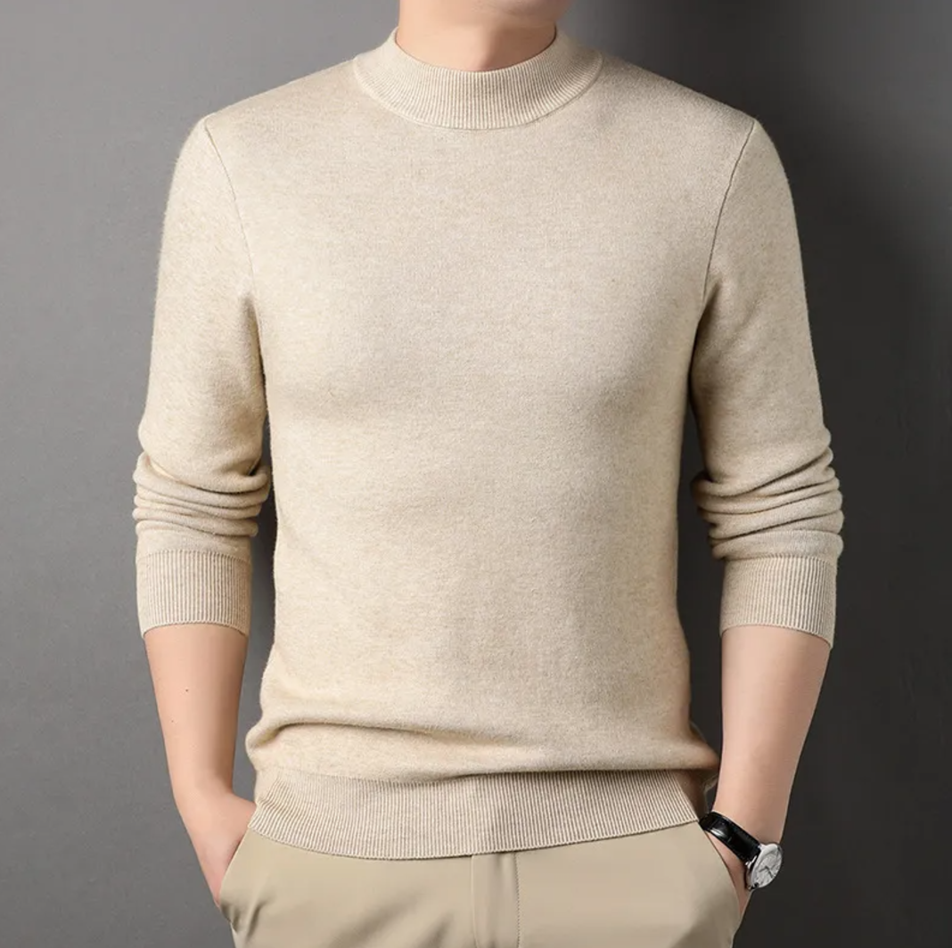 Fine knit mock neck sweater, Beige, front