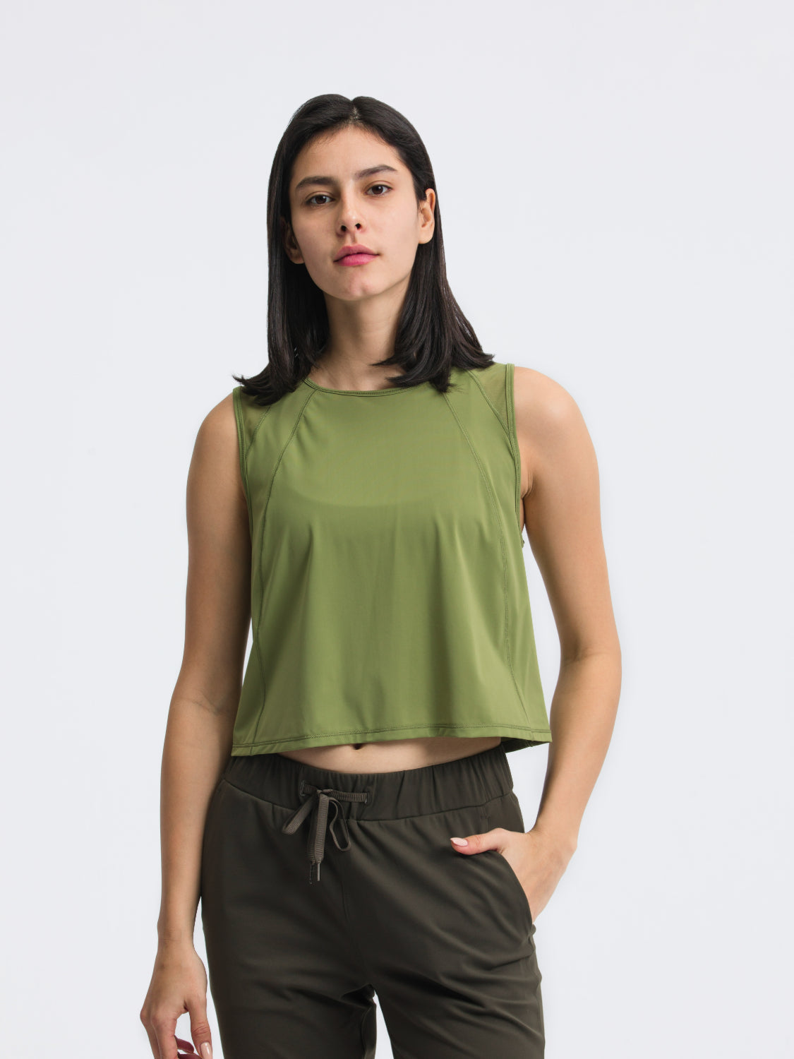Round neck cropped active tank, Moss