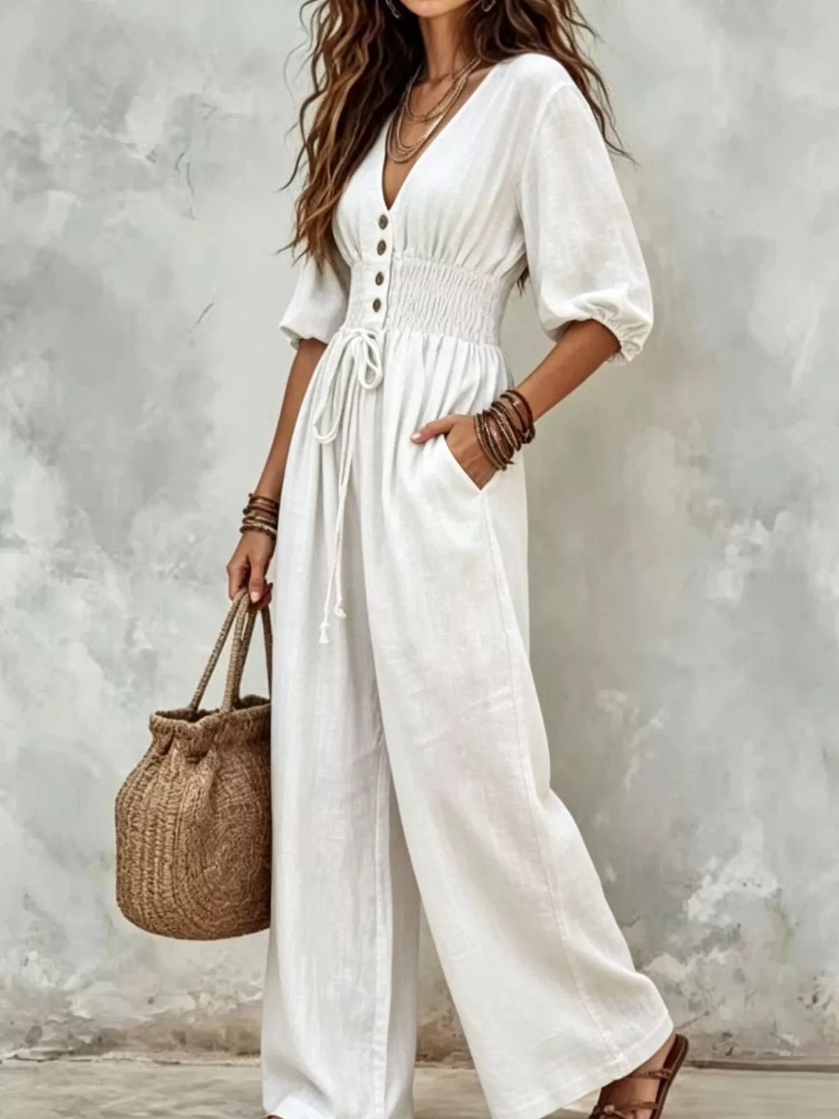 Smocked-waist wide-leg jumpsuit