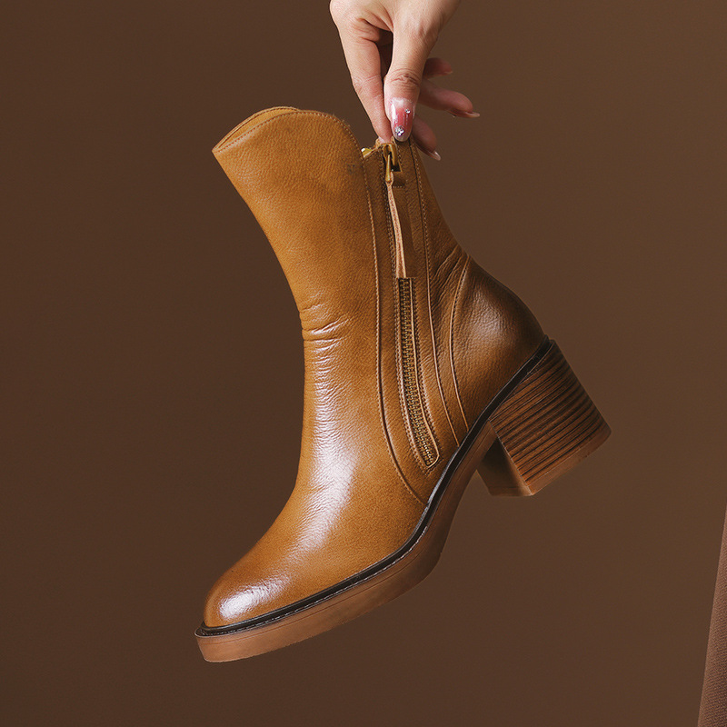 Block heel zip ankle boots, Brown, zip side