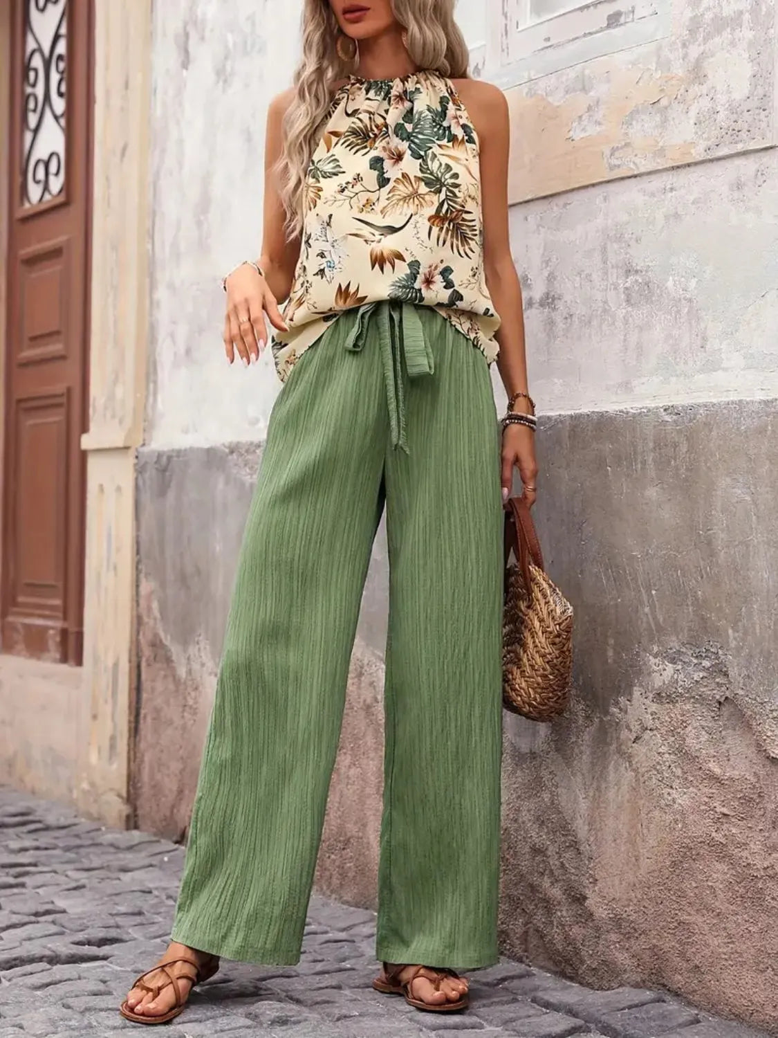 Printed tank top and wide leg pants set