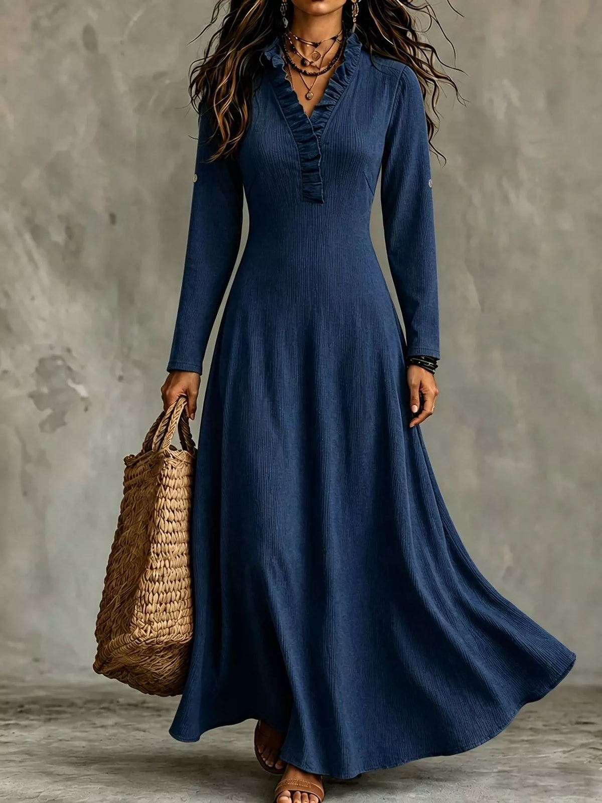Roll-sleeve V-neck maxi dress – dark blue