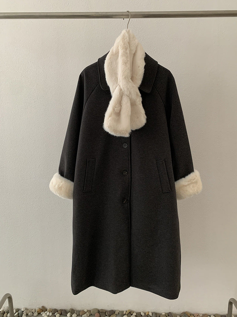 Vintage Wool Coat Mid-Length Padded Thick Woolen Coat with Scarf
