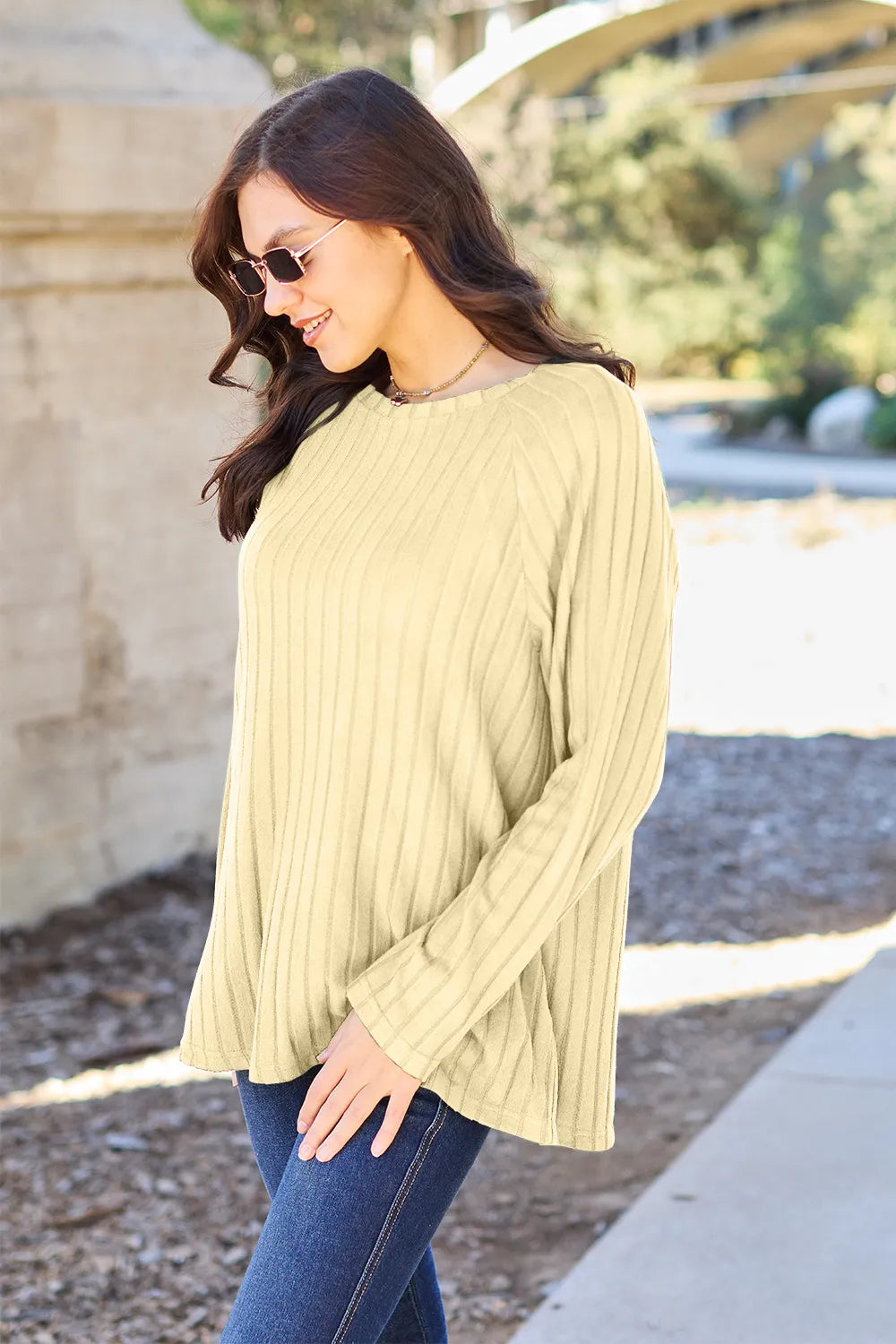 Ribbed long-sleeve knit top
