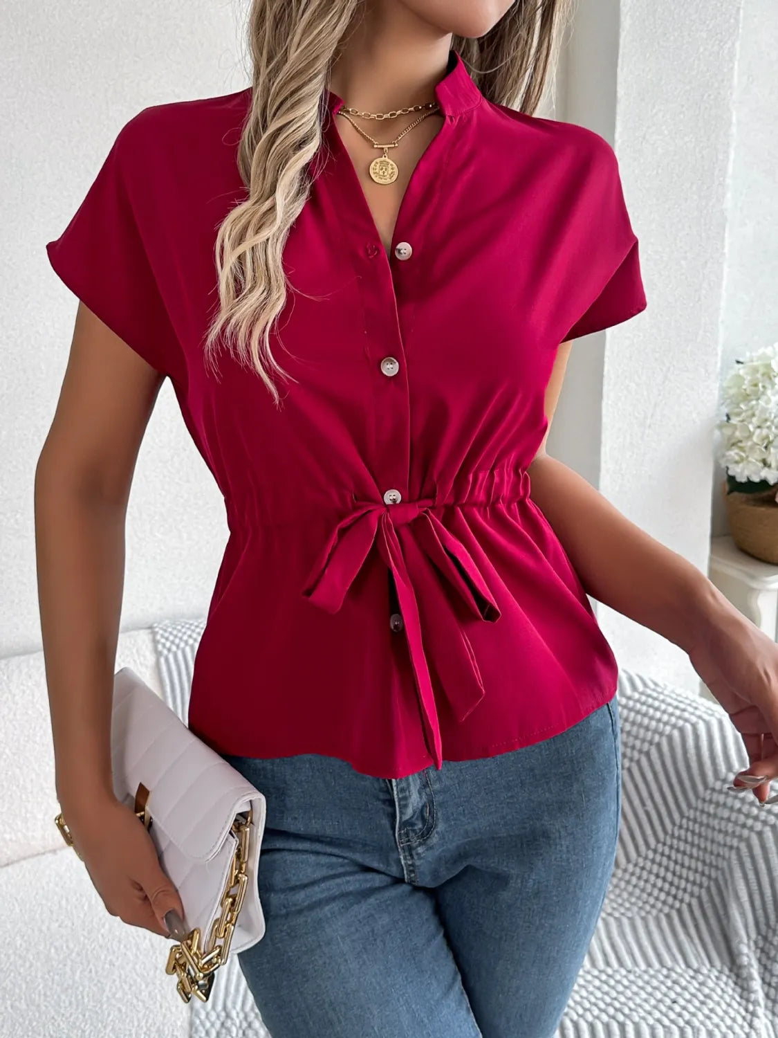 Notched short sleeve blouse