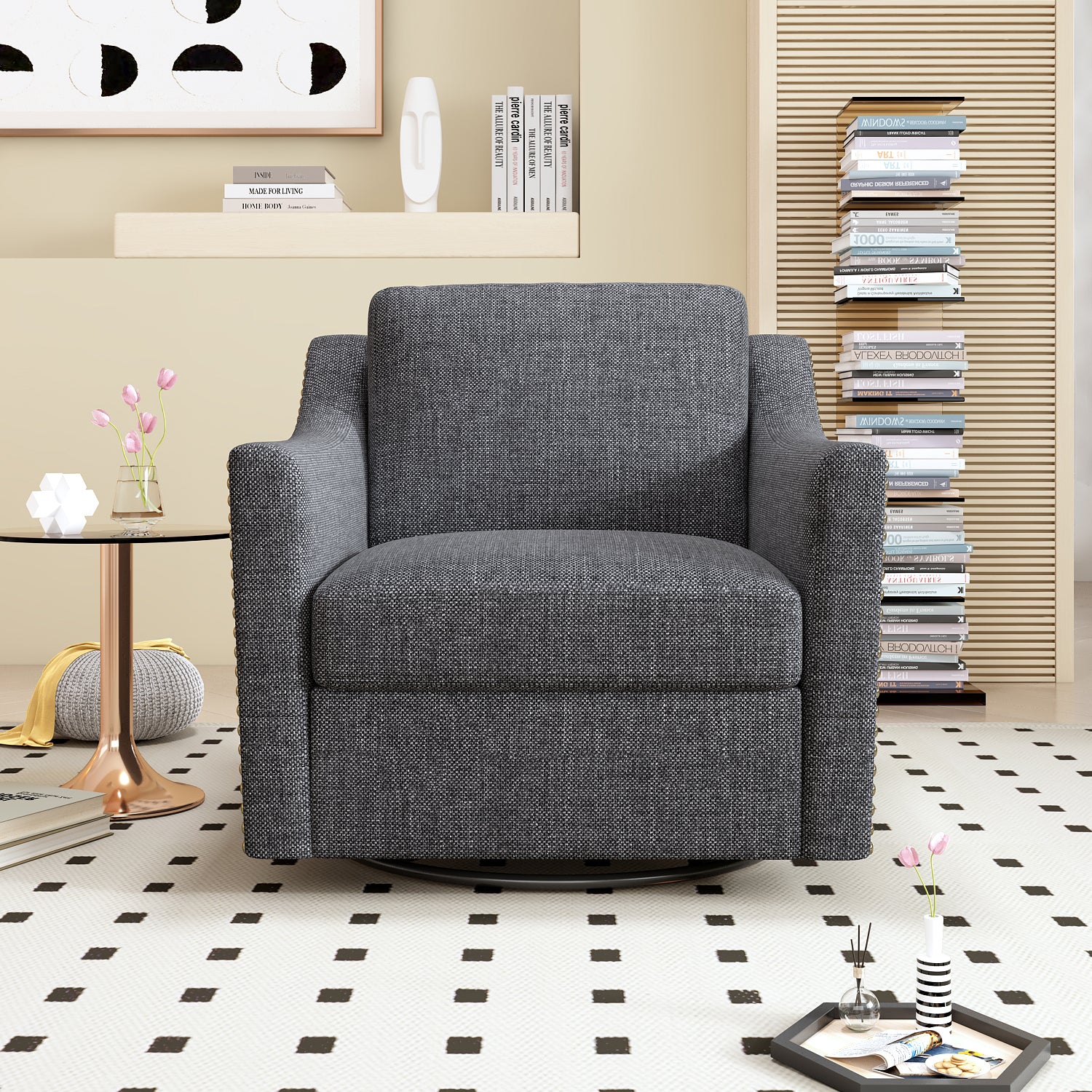 360 degree rotating cotton and linen armchair, decorated with brass nails, armchair Black+Gray