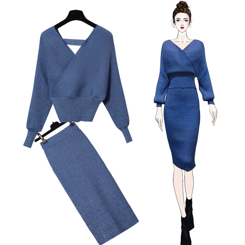 V-neck knit top and skirt set