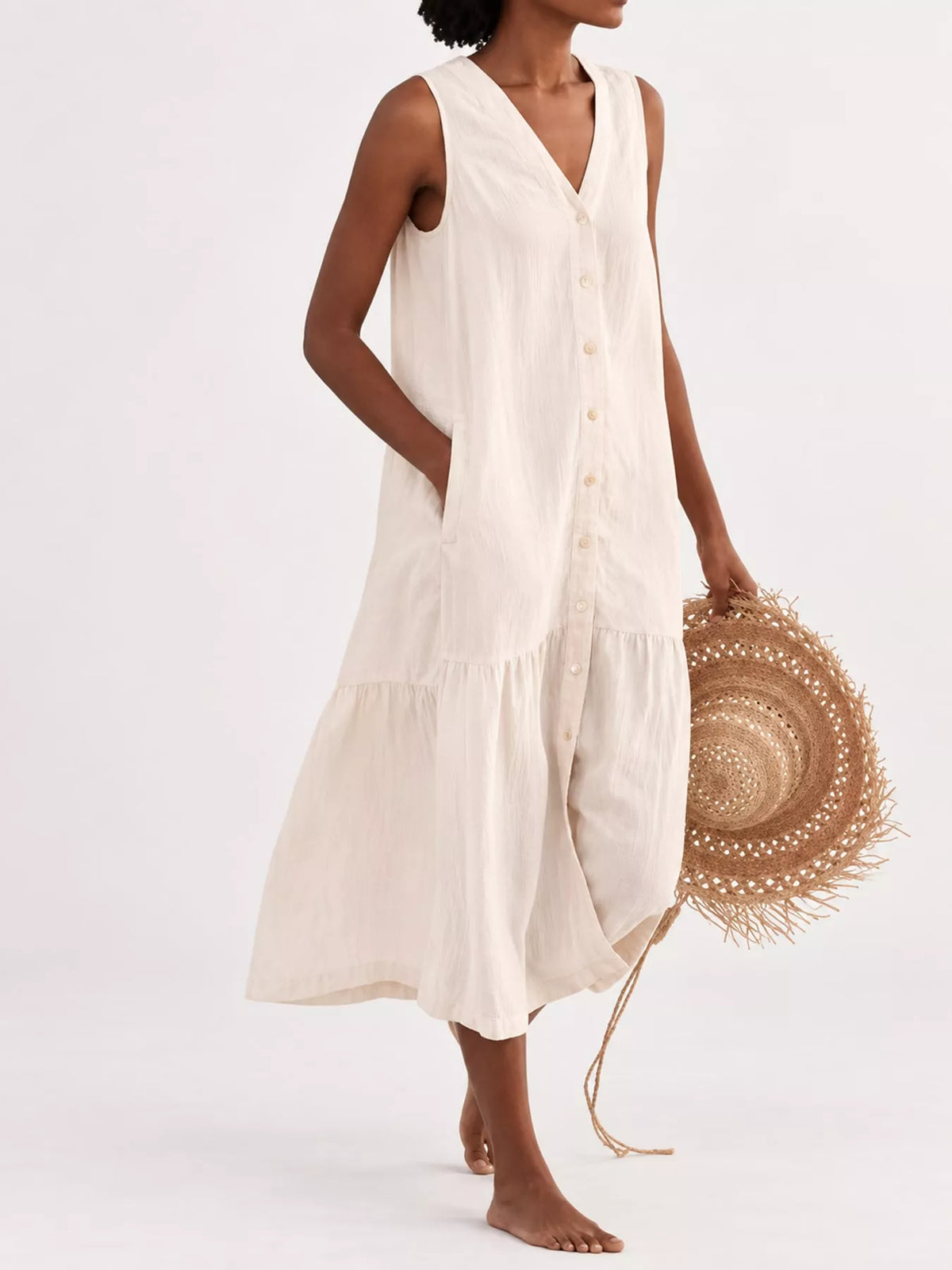V-neck button front sleeveless midi dress
