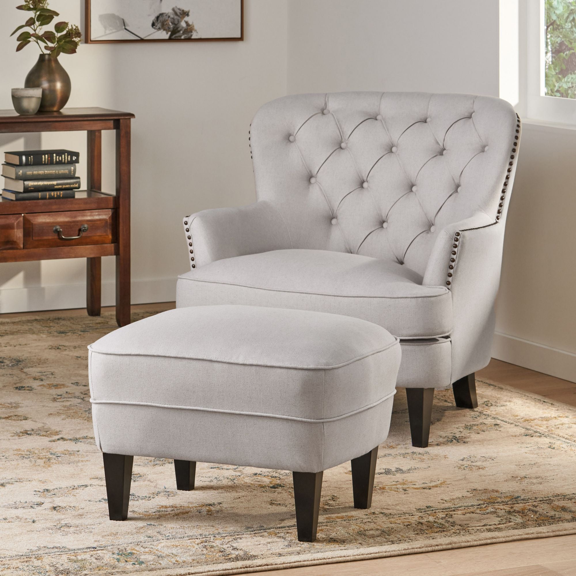 Modern light grey fabric club chair and Ottoman set, stylish cushioned armchair, paired with Ottoman style